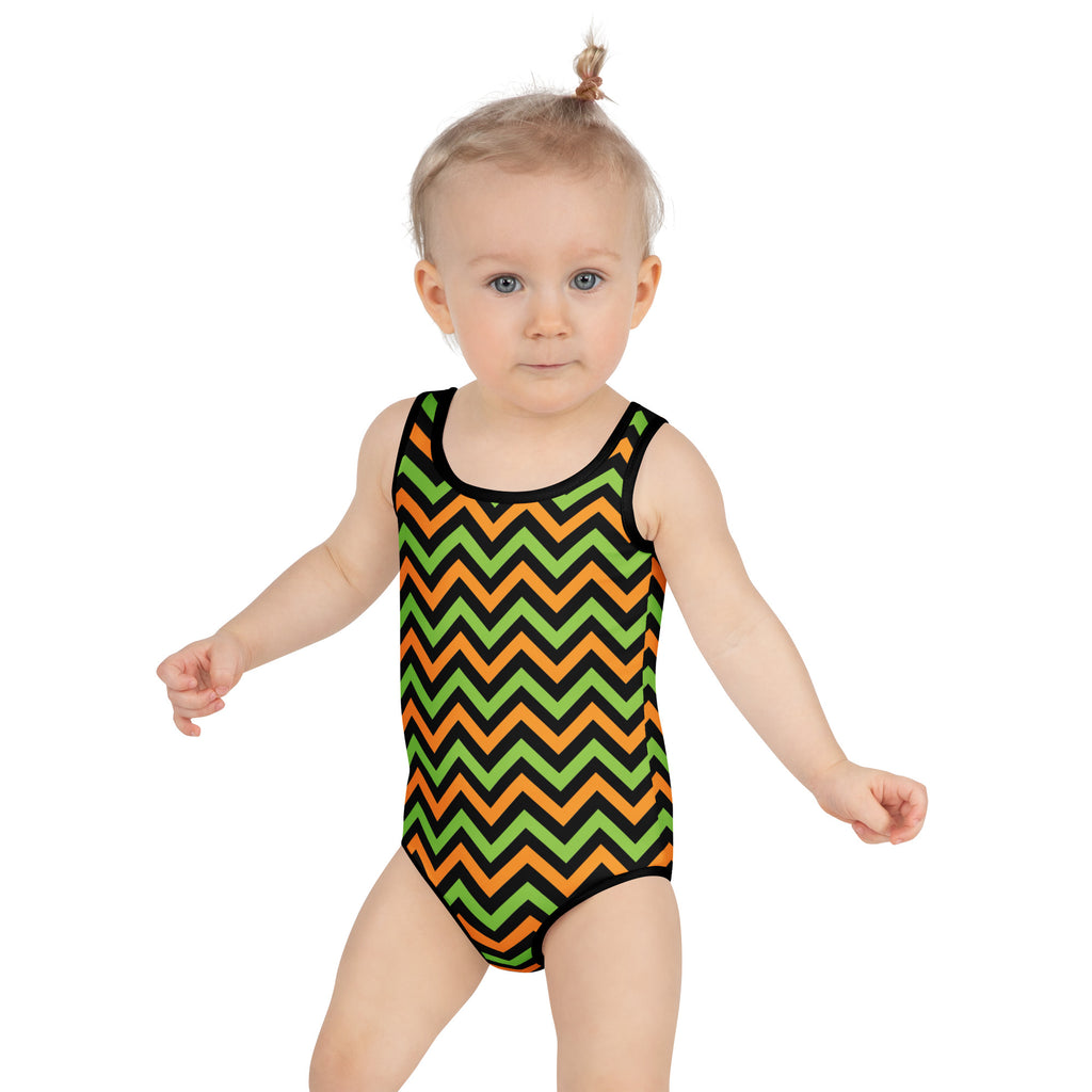 Girls Green Orange Chevron Halloween One Piece Swimsuit – Buttery Soft UPF 50+ Sun Protection, Quick Dry, Double Layered Front & 4-Way Stretch