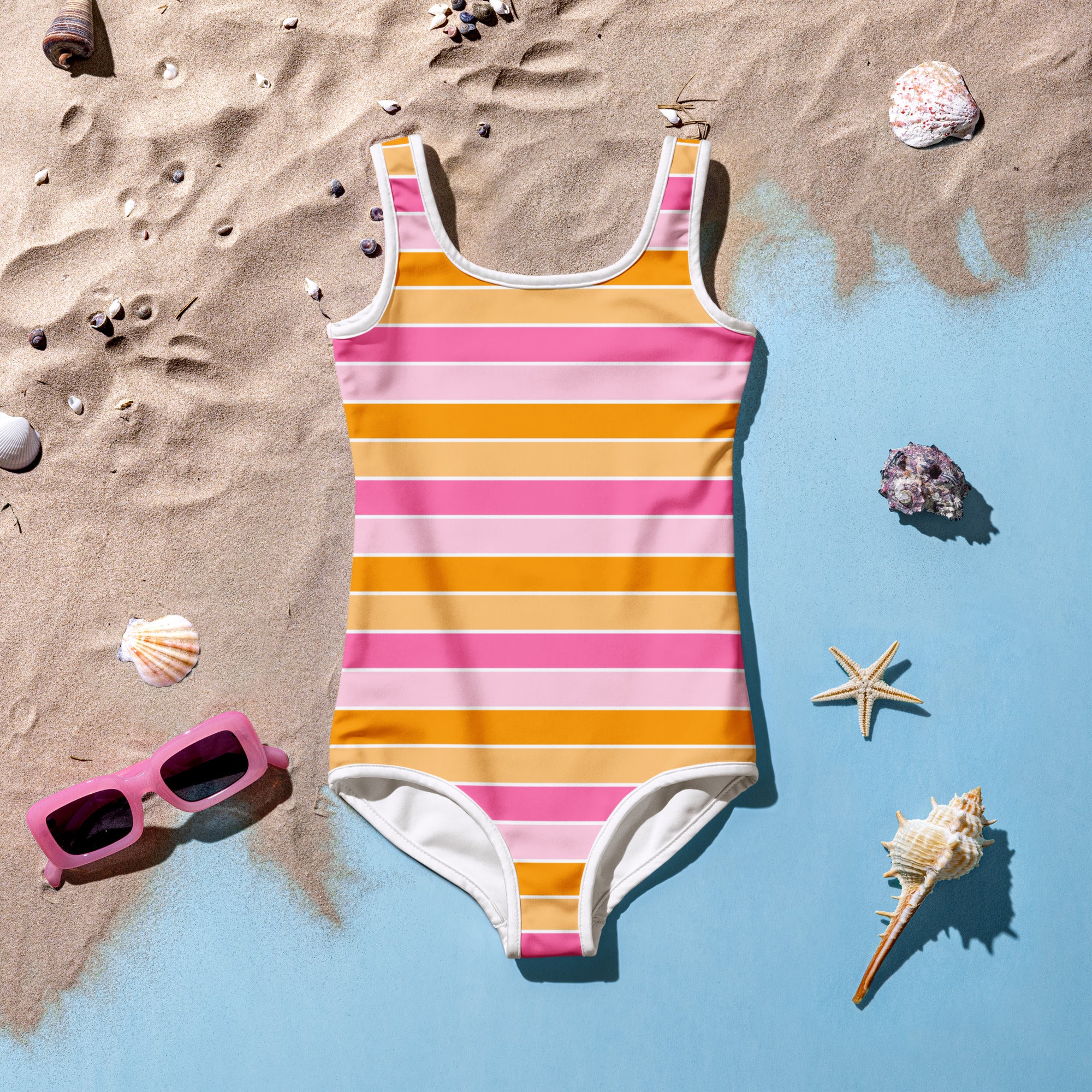 Girls Pink Orange Striped One Piece Swimsuit – Buttery Soft UPF 50+ Sun Protection, Quick Dry, Double Layered Front & 4-Way Stretch