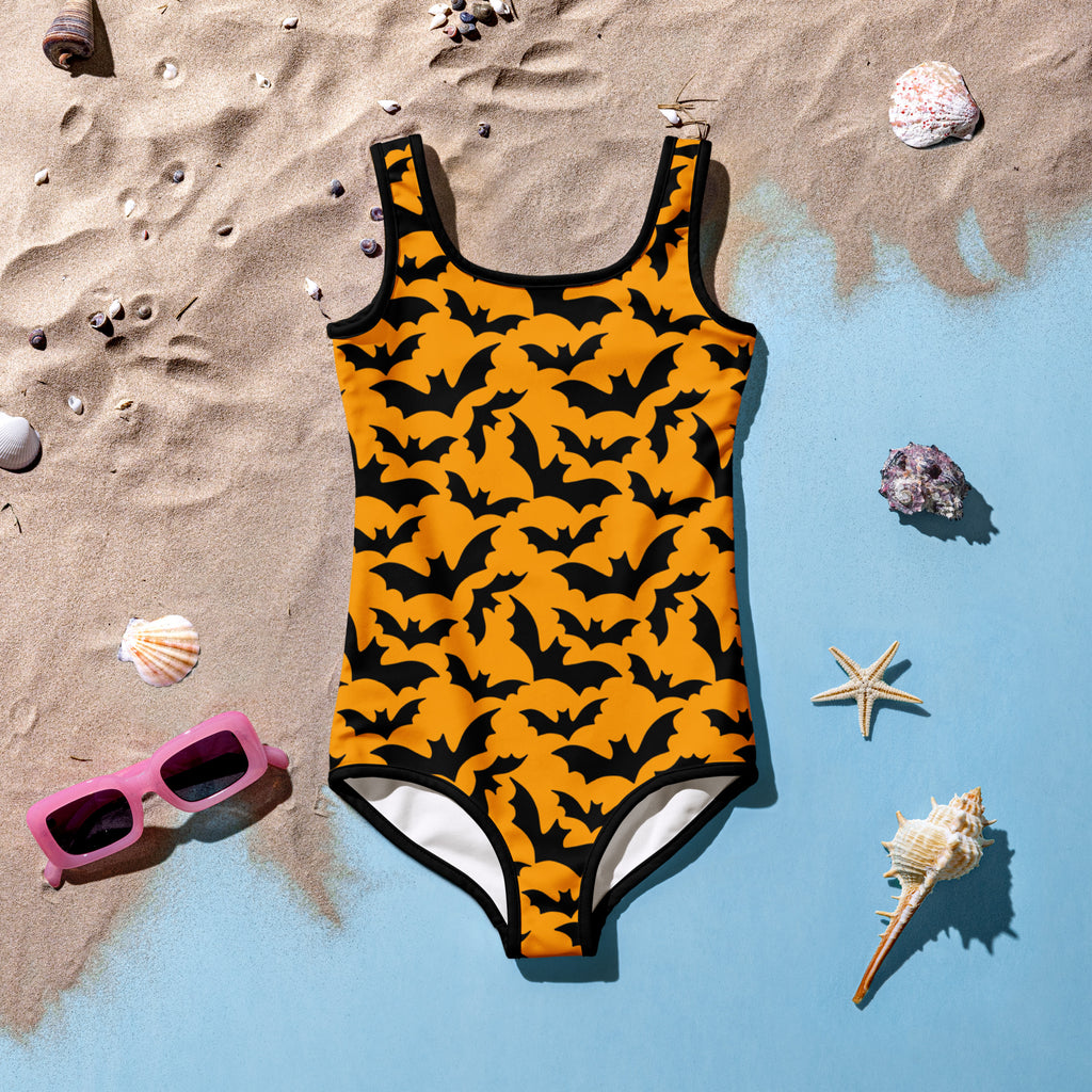 Girls Bright Orange Bat Halloween One Piece Swimsuit – Buttery Soft UPF 50+ Sun Protection, Quick Dry, Double Layered Front & 4-Way Stretch