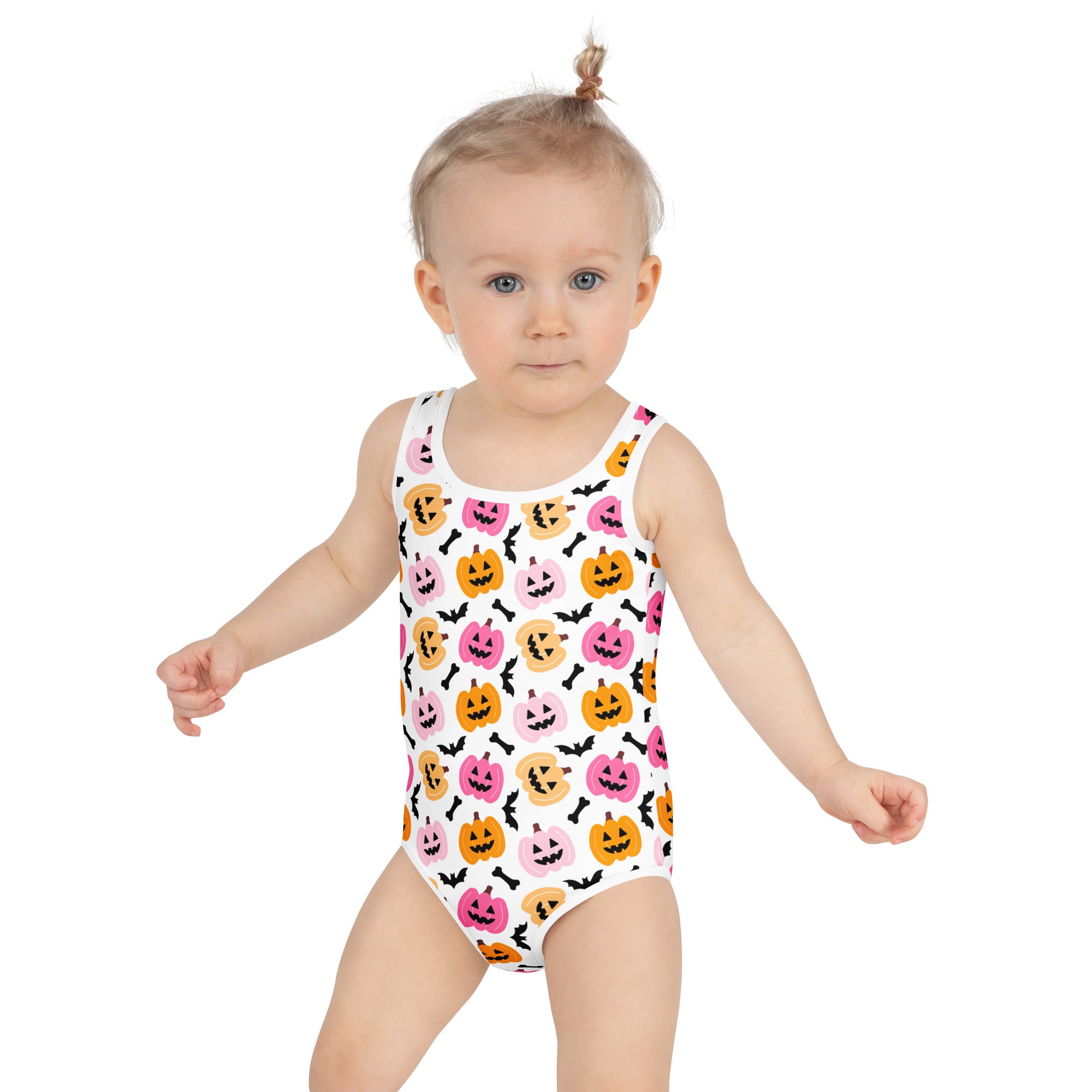 Girls Pink & Orange Pumpkin Halloween One Piece Swimsuit – Buttery Soft UPF 50+ Sun Protection, Quick Dry, Double Layered Front & 4-Way Stretch