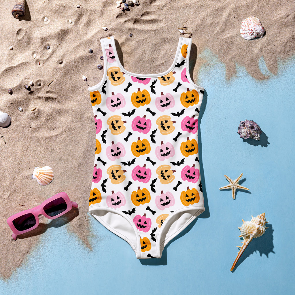 Girls Pink & Orange Pumpkin Halloween One Piece Swimsuit – Buttery Soft UPF 50+ Sun Protection, Quick Dry, Double Layered Front & 4-Way Stretch