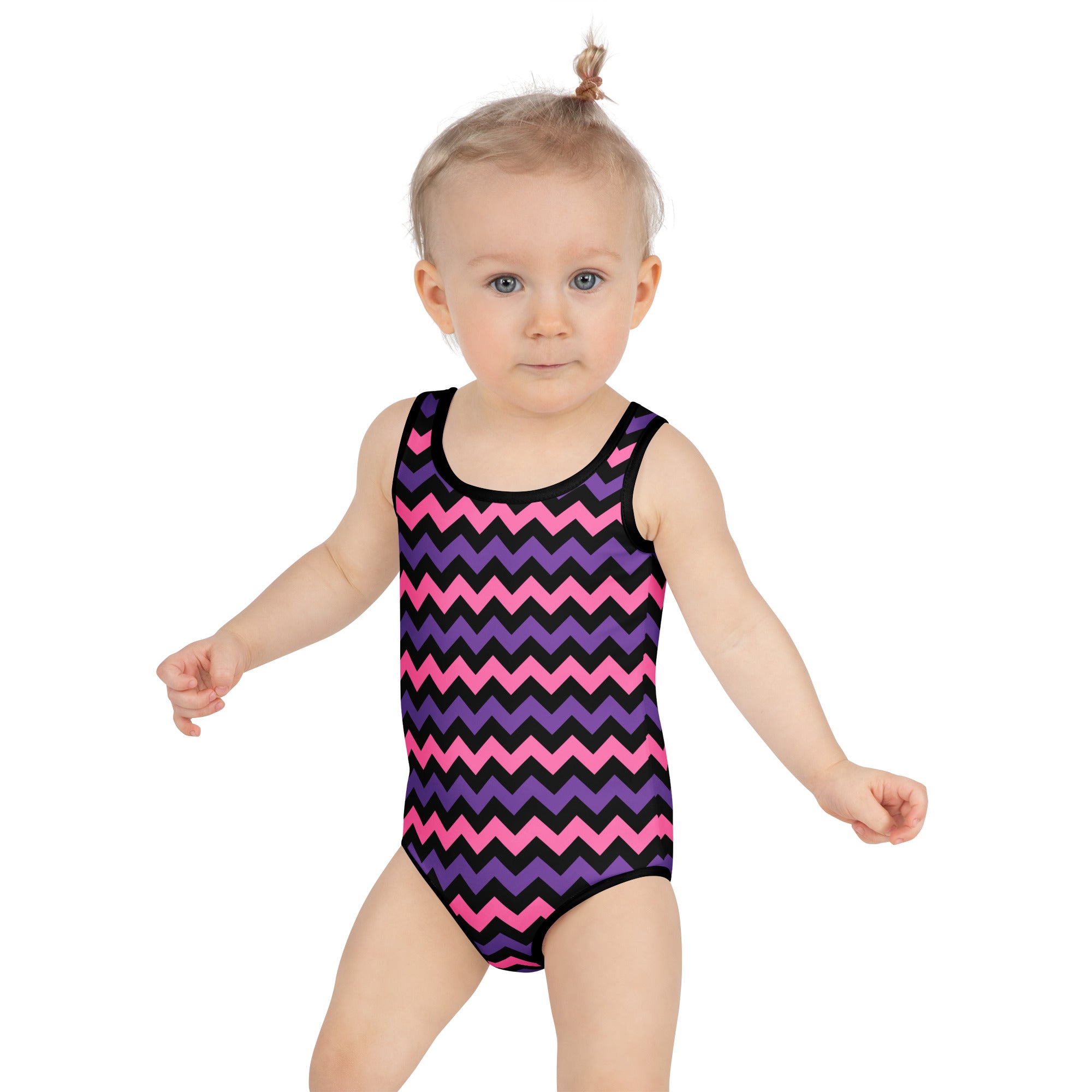 Girls Pink Purple Chevron Halloween One Piece Swimsuit – Buttery Soft UPF 50+ Sun Protection, Quick Dry, Double Layered Front & 4-Way Stretch