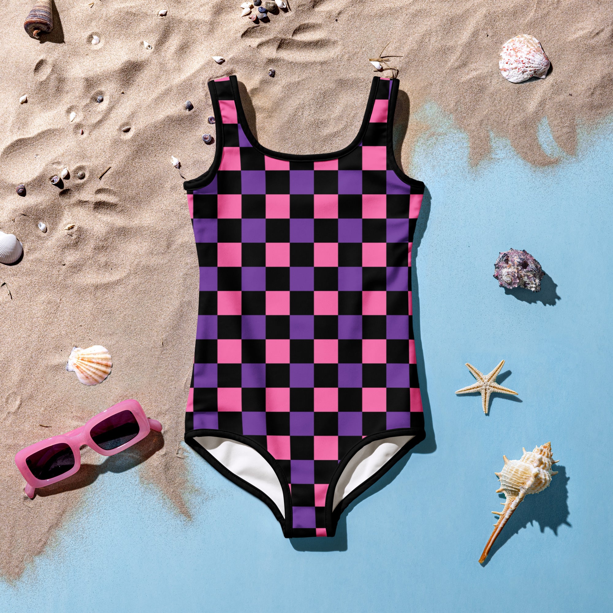Girls Pink Purple Checkerboard Halloween One Piece Swimsuit – Buttery Soft UPF 50+ Sun Protection, Quick Dry, Double Layered Front & 4-Way Stretch