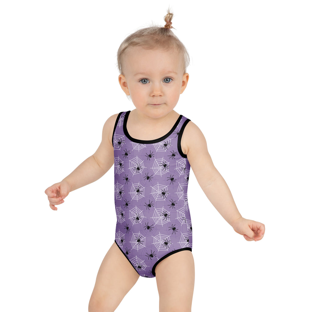 Girls Purple Spider Web Halloween One Piece Swimsuit – Buttery Soft UPF 50+ Sun Protection, Quick Dry, Double Layered Front & 4-Way Stretch