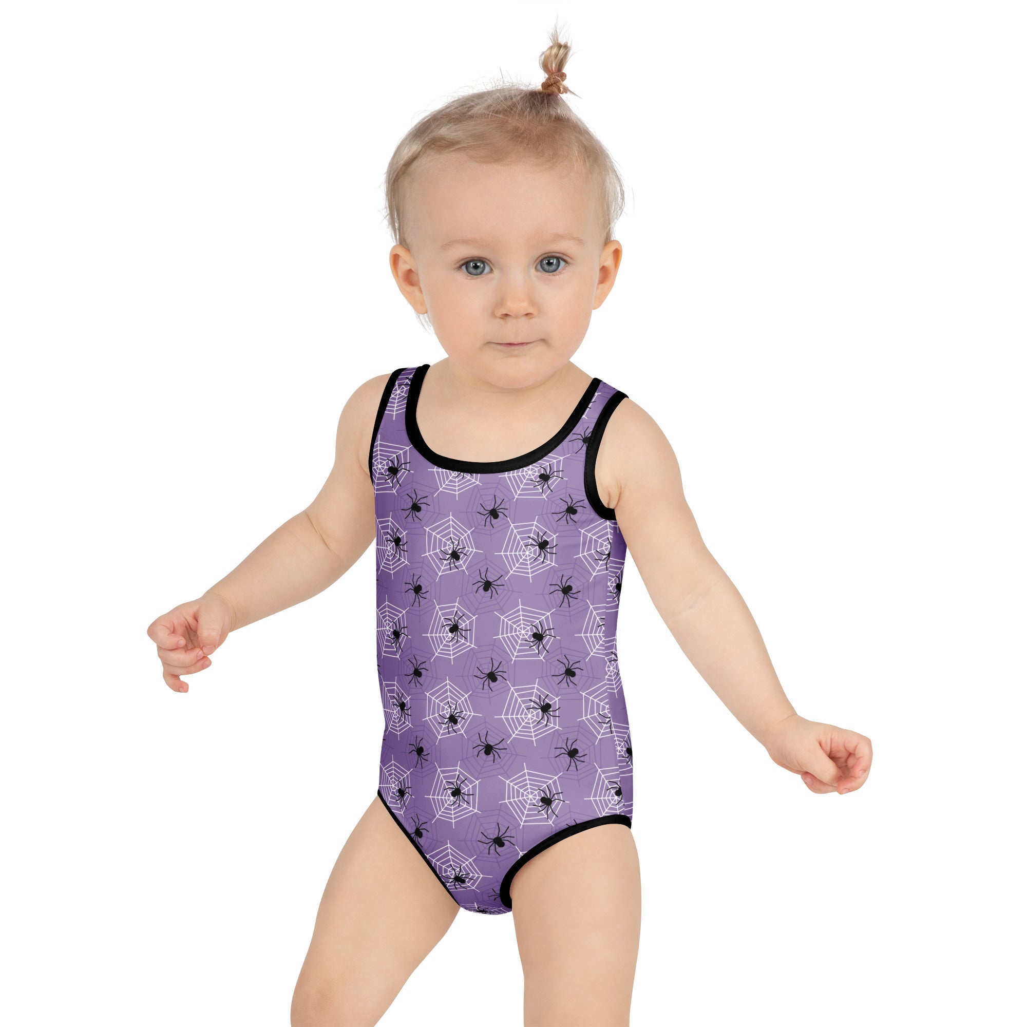 Girls Purple Spider Web Halloween One Piece Swimsuit – Buttery Soft UPF 50+ Sun Protection, Quick Dry, Double Layered Front & 4-Way Stretch