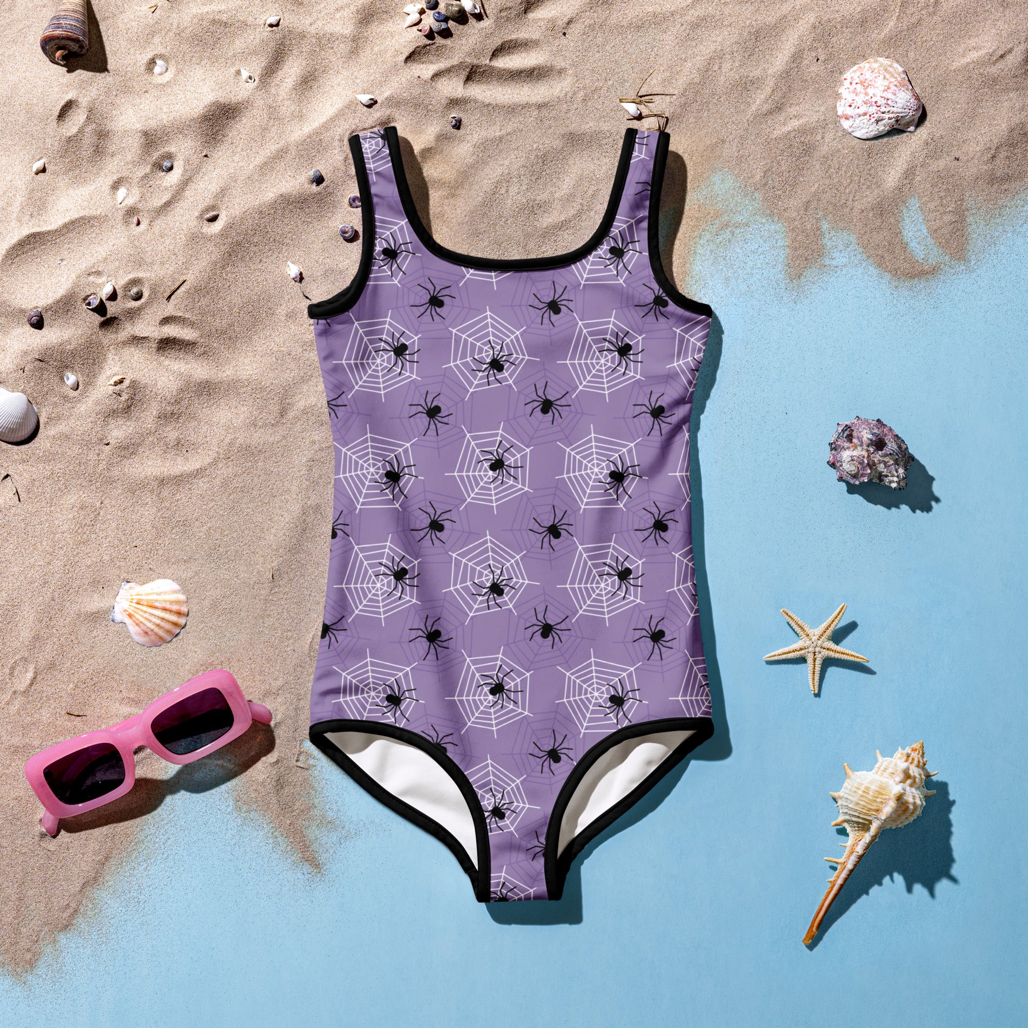 Girls Purple Spider Web Halloween One Piece Swimsuit – Buttery Soft UPF 50+ Sun Protection, Quick Dry, Double Layered Front & 4-Way Stretch
