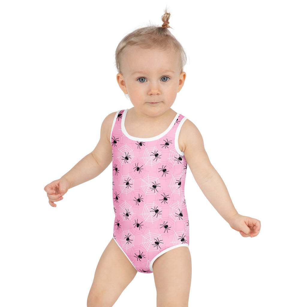 Girls Pink Spider Web Halloween One Piece Swimsuit – Buttery Soft UPF 50+ Sun Protection, Quick Dry, Double Layered Front & 4-Way Stretch