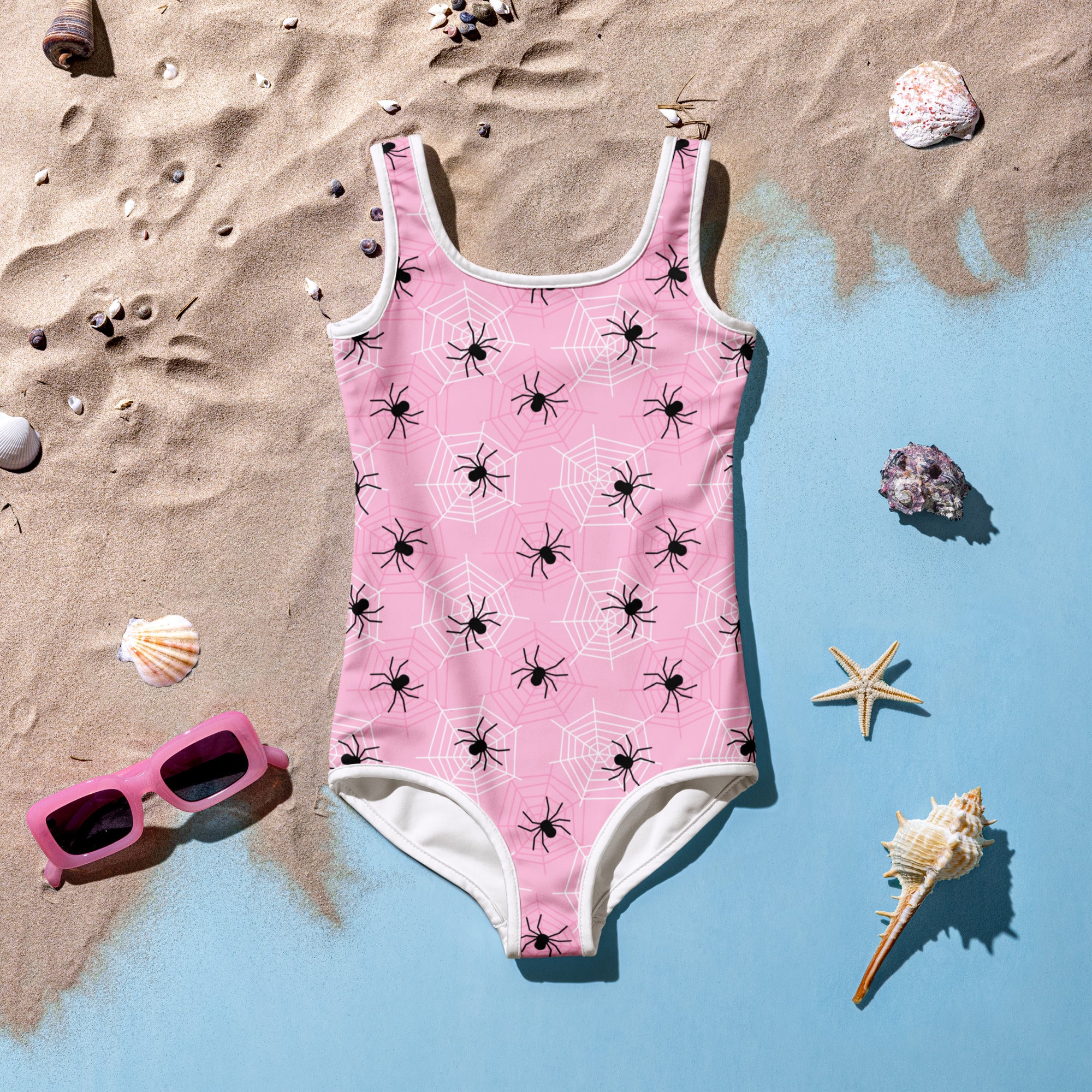 Girls Pink Spider Web Halloween One Piece Swimsuit – Buttery Soft UPF 50+ Sun Protection, Quick Dry, Double Layered Front & 4-Way Stretch
