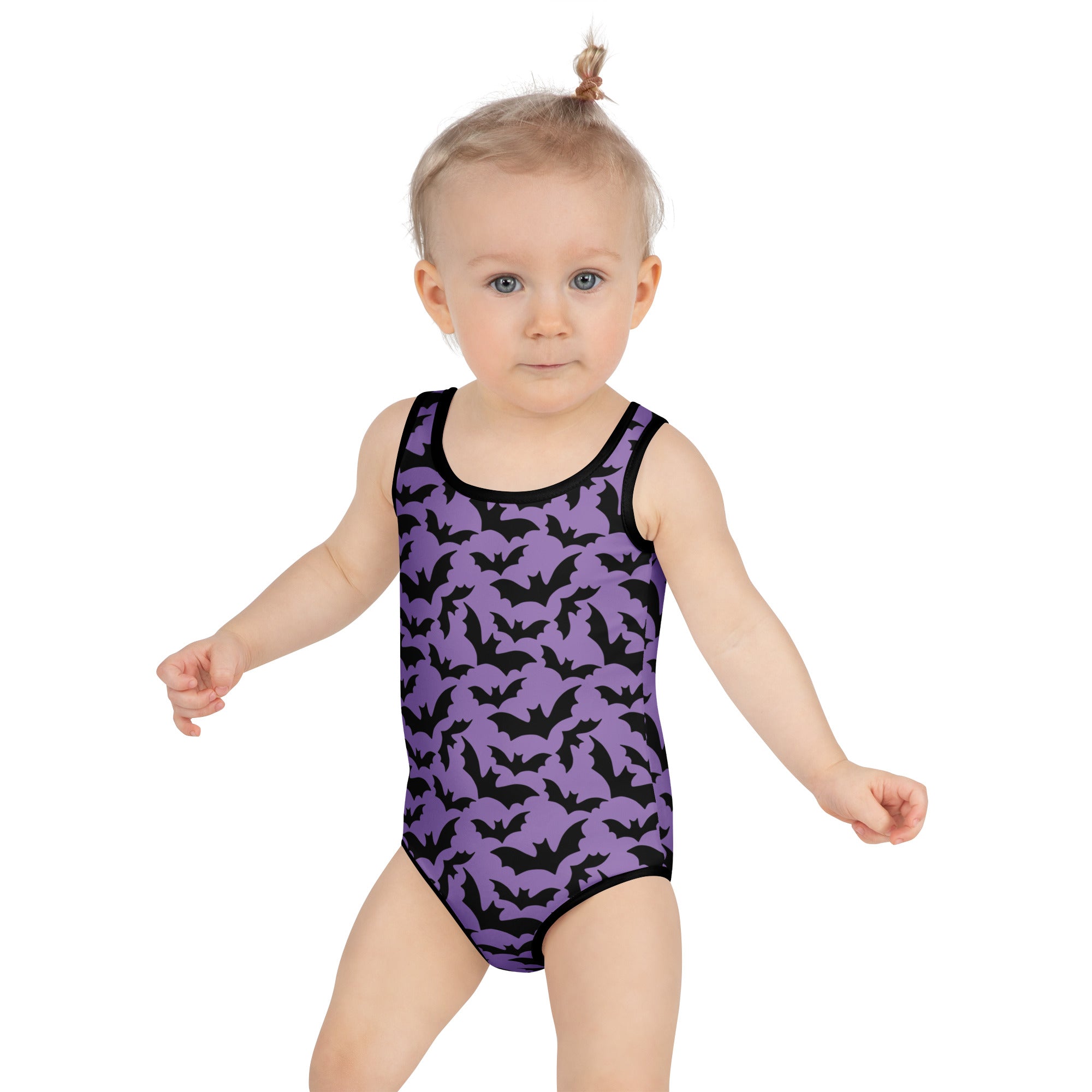 Girls Purple Bat Themed Halloween One Piece Swimsuit – Buttery Soft UPF 50+ Sun Protection, Quick Dry, Double Layered Front & 4-Way Stretch