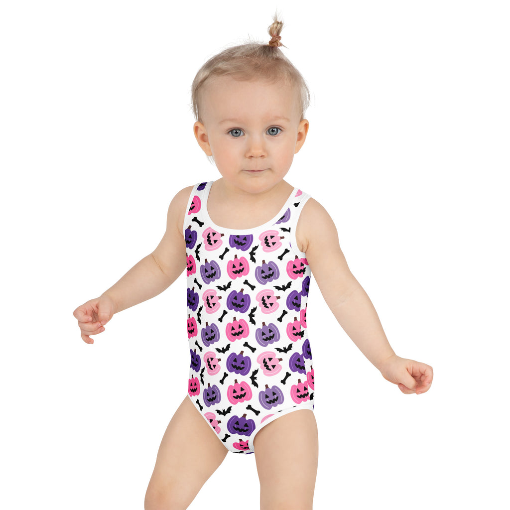 Girls Pink and Purple Pumpkin Halloween One Piece Swimsuit – Buttery Soft UPF 50+ Sun Protection, Quick Dry, Double Layered Front & 4-Way Stretch
