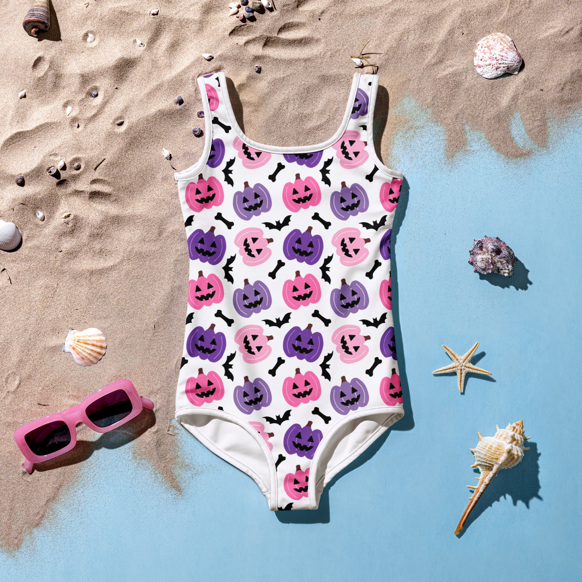 Girls Pink and Purple Pumpkin Halloween One Piece Swimsuit – Buttery Soft UPF 50+ Sun Protection, Quick Dry, Double Layered Front & 4-Way Stretch