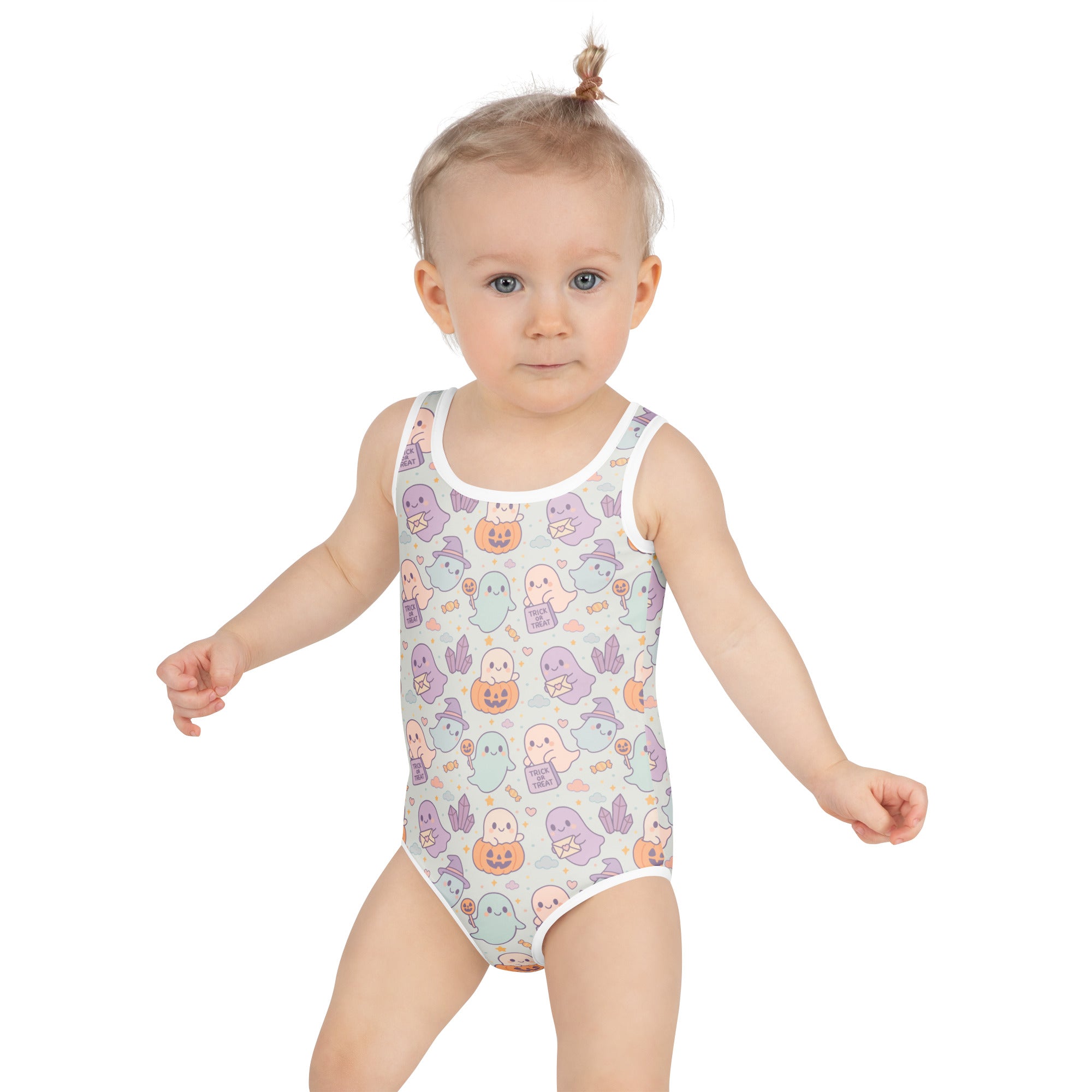 Girls Cute Ghost Halloween One Piece Swimsuit – Buttery Soft UPF 50+ Sun Protection, Quick Dry, Double Layered Front & 4-Way Stretch