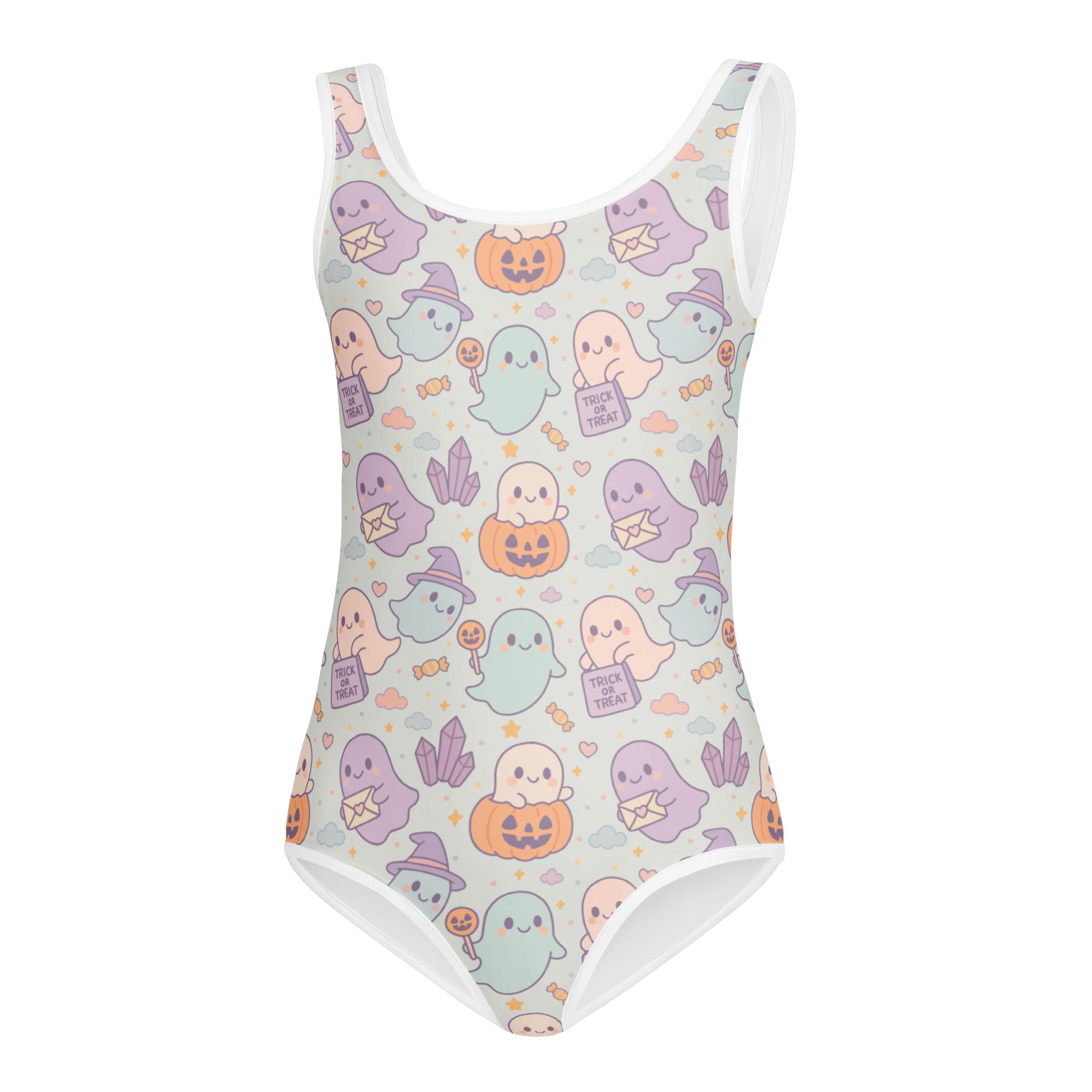 Girls Cute Pastel Ghost Halloween Leotard – Buttery-Soft, Quick-Dry 4-Way Stretch Comfort for Dance & Gymnastics