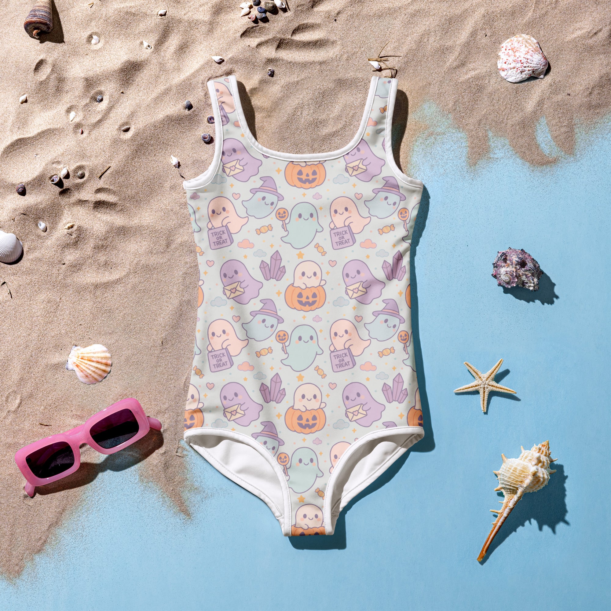 Girls Cute Ghost Halloween One Piece Swimsuit – Buttery Soft UPF 50+ Sun Protection, Quick Dry, Double Layered Front & 4-Way Stretch