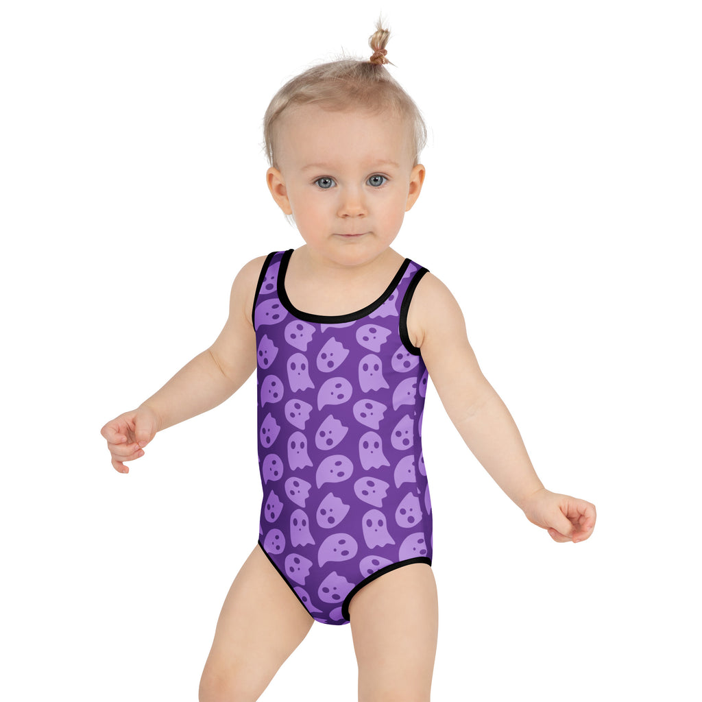 Girls Purple Ghost Themed Halloween One Piece Swimsuit – Buttery Soft UPF 50+ Sun Protection, Quick Dry, Double Layered Front & 4-Way Stretch