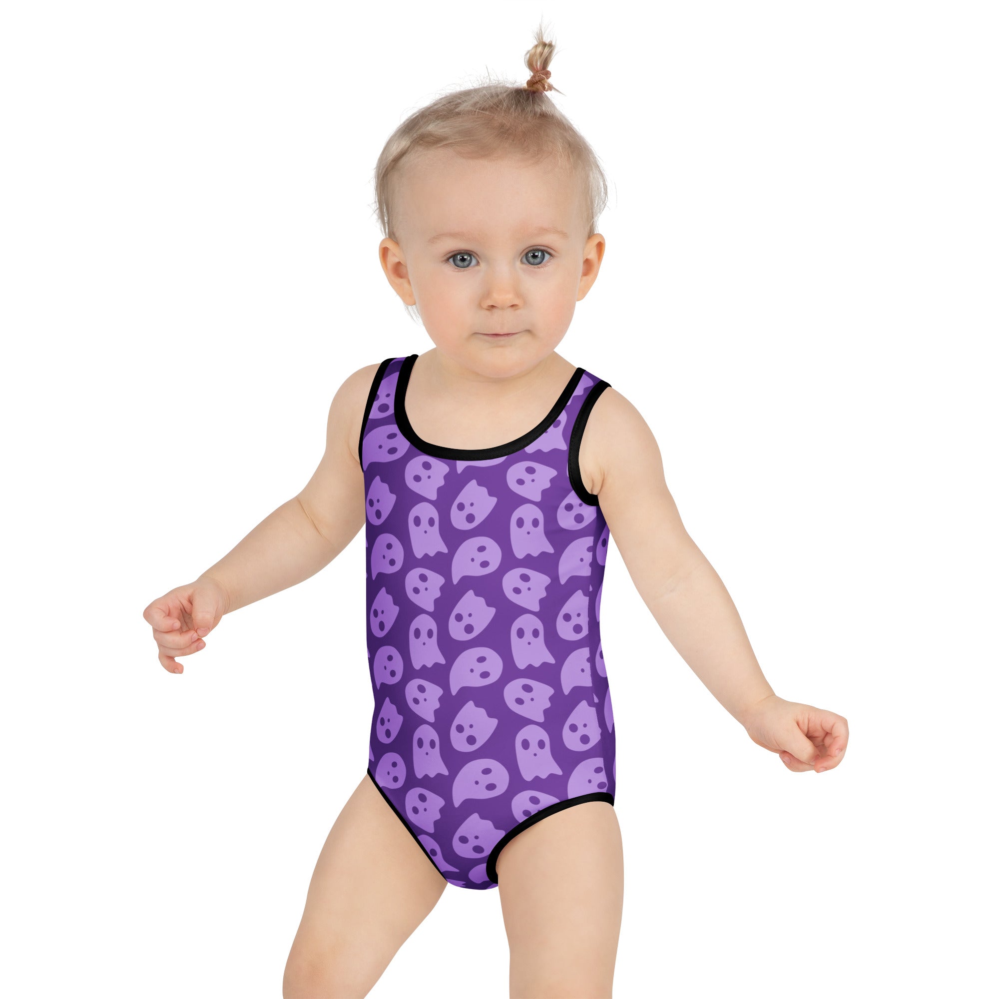 Girls Purple Ghost Themed Halloween One Piece Swimsuit – Buttery Soft UPF 50+ Sun Protection, Quick Dry, Double Layered Front & 4-Way Stretch