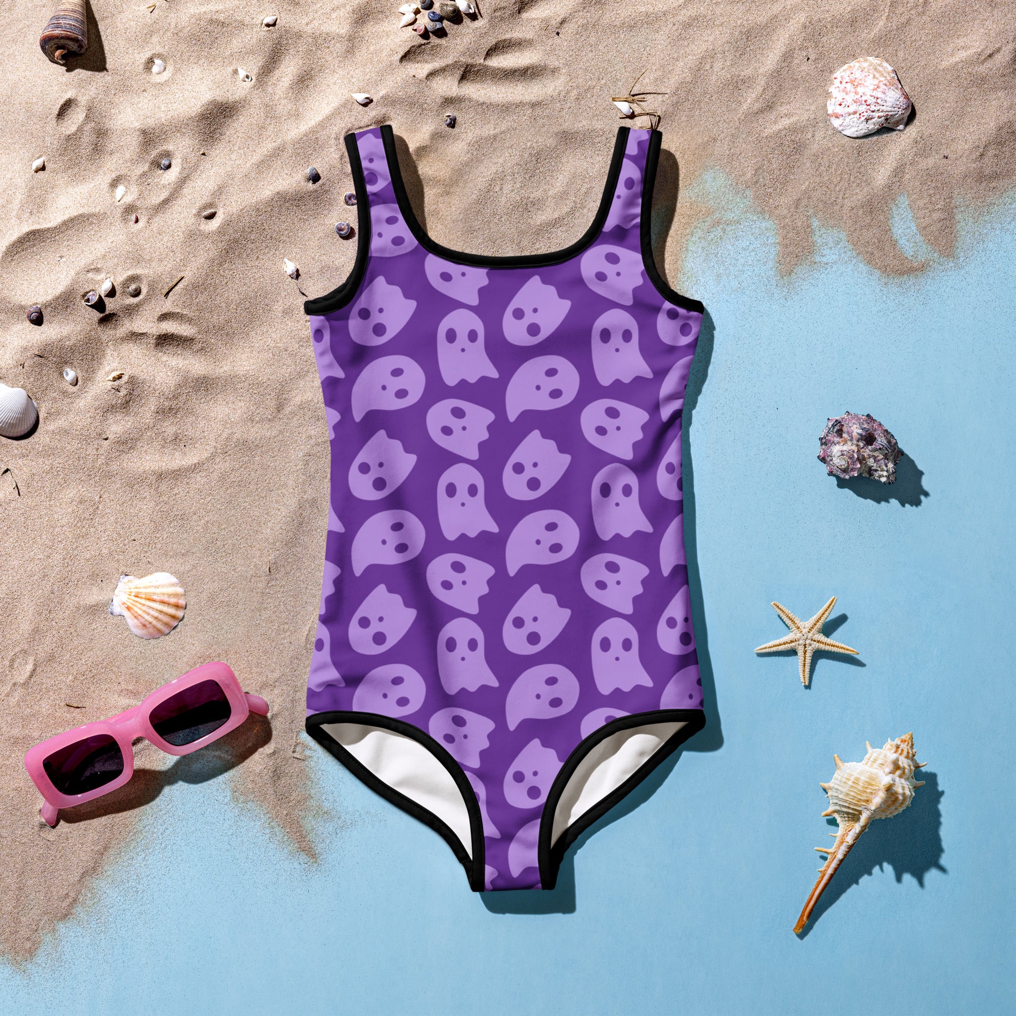 Girls Purple Ghost Themed Halloween One Piece Swimsuit – Buttery Soft UPF 50+ Sun Protection, Quick Dry, Double Layered Front & 4-Way Stretch