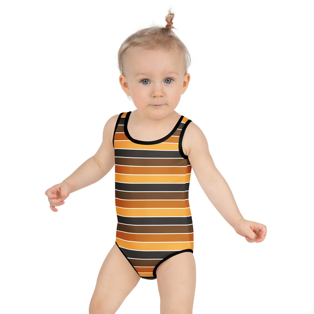 Girls Orange Brown & Black Striped Halloween One Piece Swimsuit – Buttery Soft UPF 50+ Sun Protection, Quick Dry, Double Layered Front & 4-Way Stretch