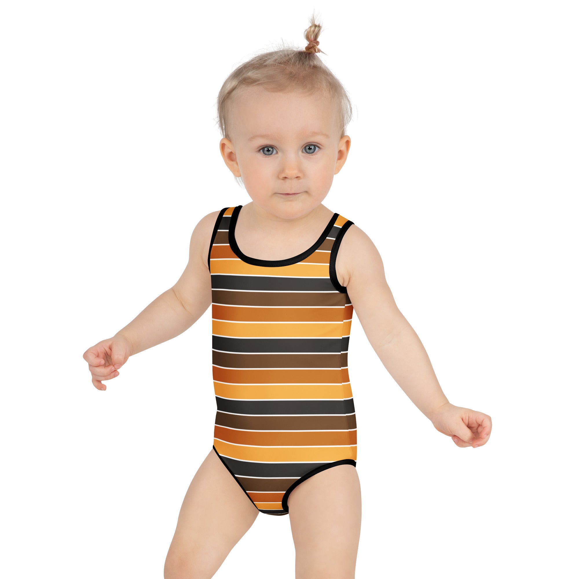Girls Orange Brown & Black Striped Halloween One Piece Swimsuit – Buttery Soft UPF 50+ Sun Protection, Quick Dry, Double Layered Front & 4-Way Stretch