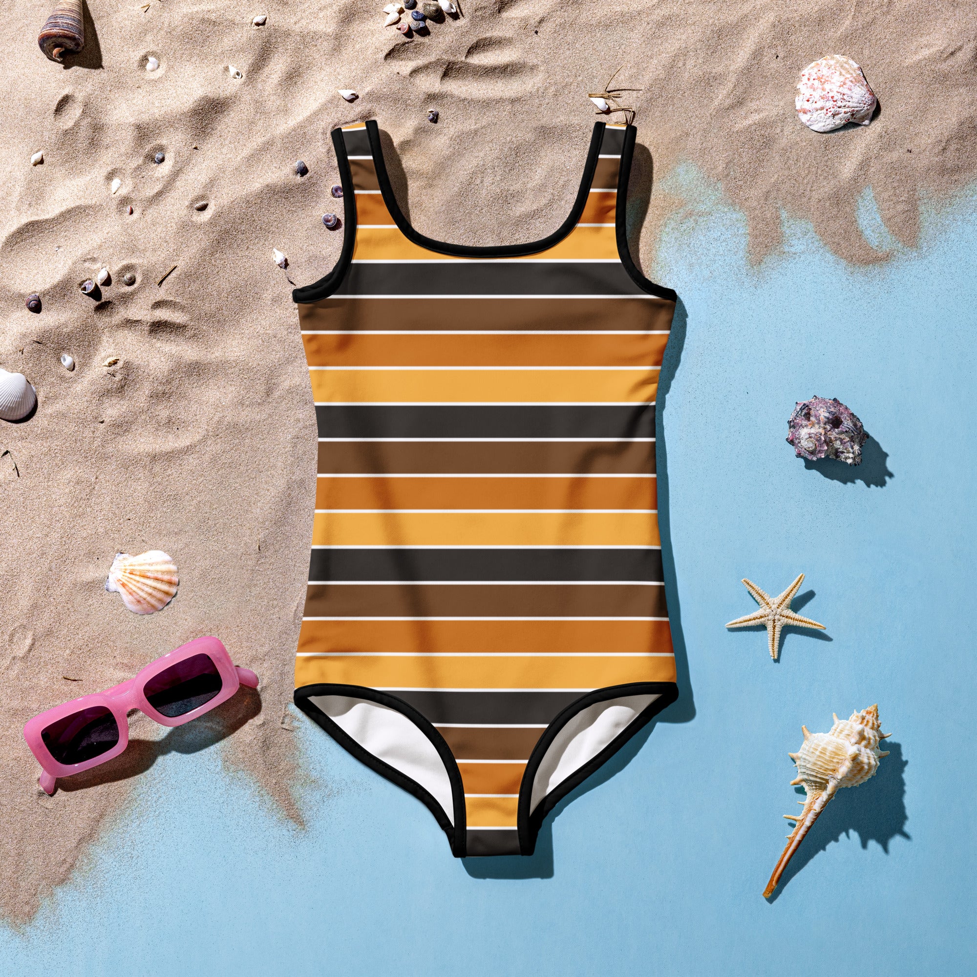 Girls Orange Brown & Black Striped Halloween One Piece Swimsuit – Buttery Soft UPF 50+ Sun Protection, Quick Dry, Double Layered Front & 4-Way Stretch