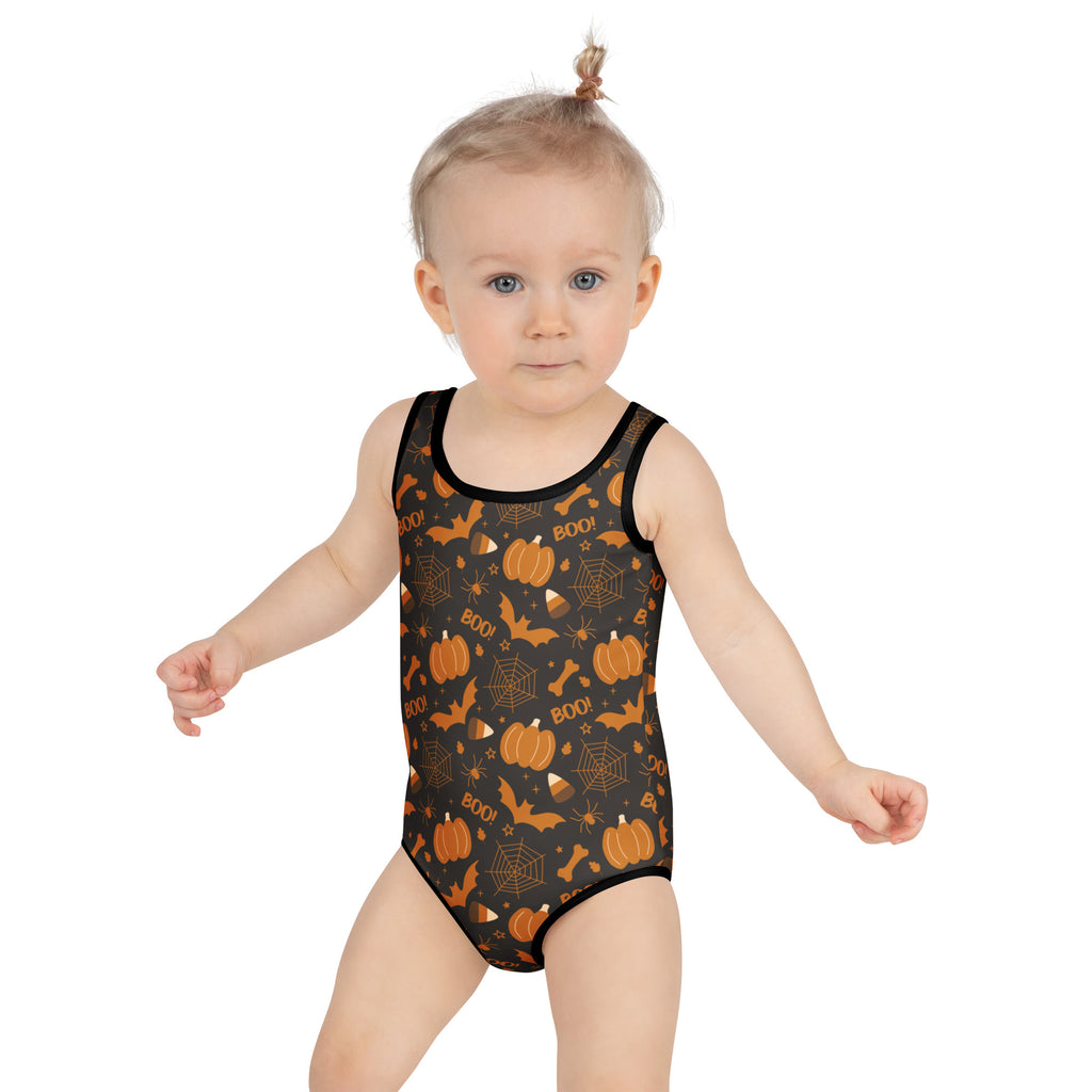 Girls Orange Halloween Icons One Piece Swimsuit – Buttery Soft UPF 50+ Sun Protection, Quick Dry, Double Layered Front & 4-Way Stretch