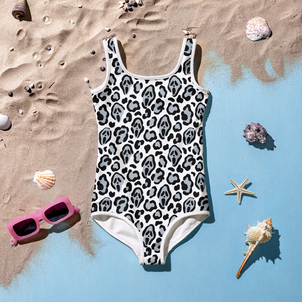Girls Spooky Ghost Leopard Print Halloween One Piece Swimsuit – Buttery Soft UPF 50+ Sun Protection, Quick Dry, Double Layered Front & 4-Way Stretch