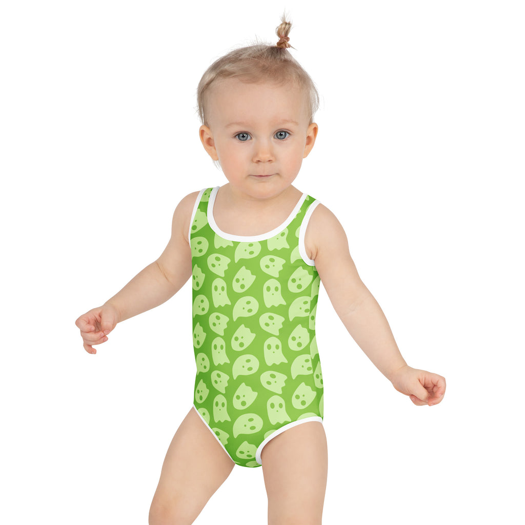 Girls Lime Green Ghost Halloween One Piece Swimsuit – Buttery Soft UPF 50+ Sun Protection, Quick Dry, Double Layered Front & 4-Way Stretch
