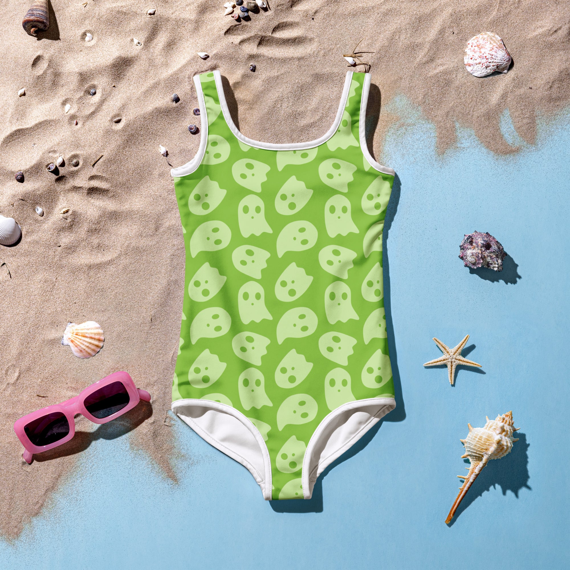 Girls Lime Green Ghost Halloween One Piece Swimsuit – Buttery Soft UPF 50+ Sun Protection, Quick Dry, Double Layered Front & 4-Way Stretch