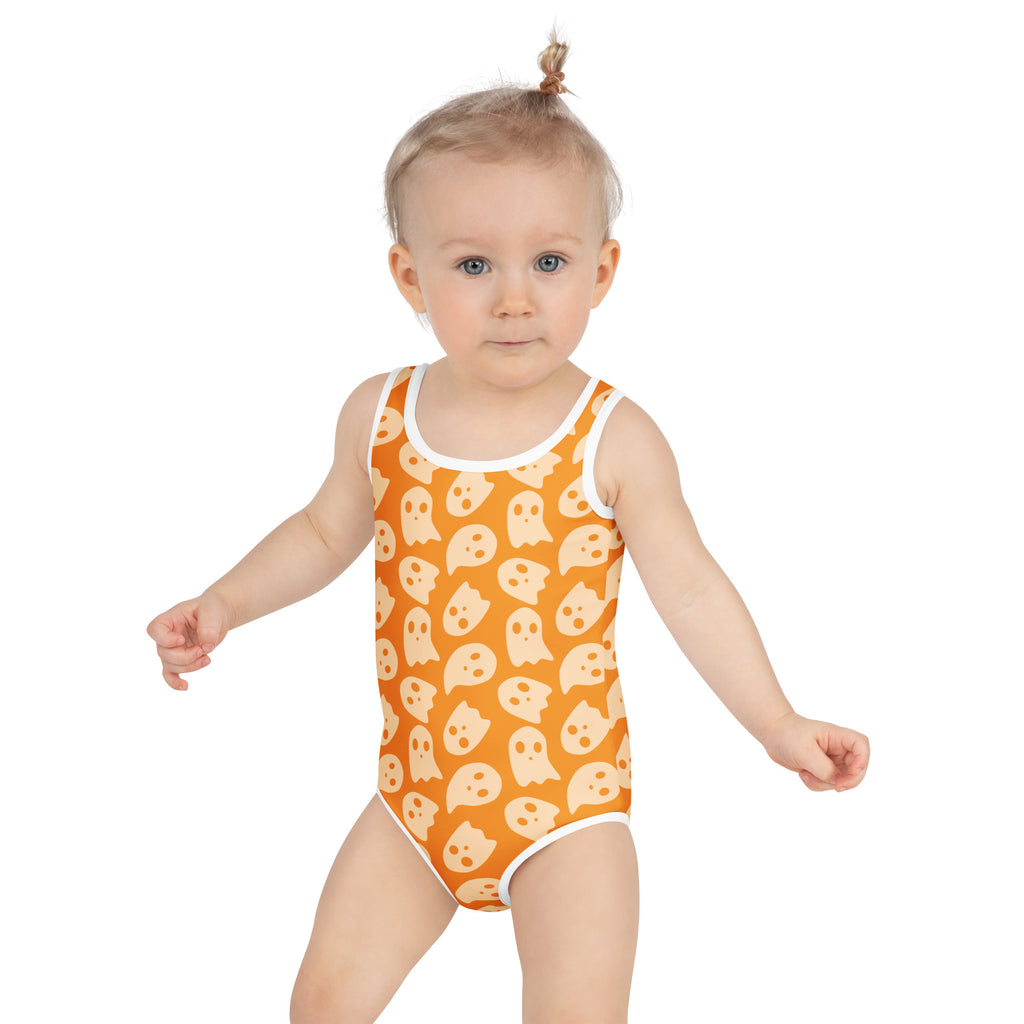 Girls Orange Ghost Halloween One Piece Swimsuit – Buttery Soft UPF 50+ Sun Protection, Quick Dry, Double Layered Front & 4-Way Stretch