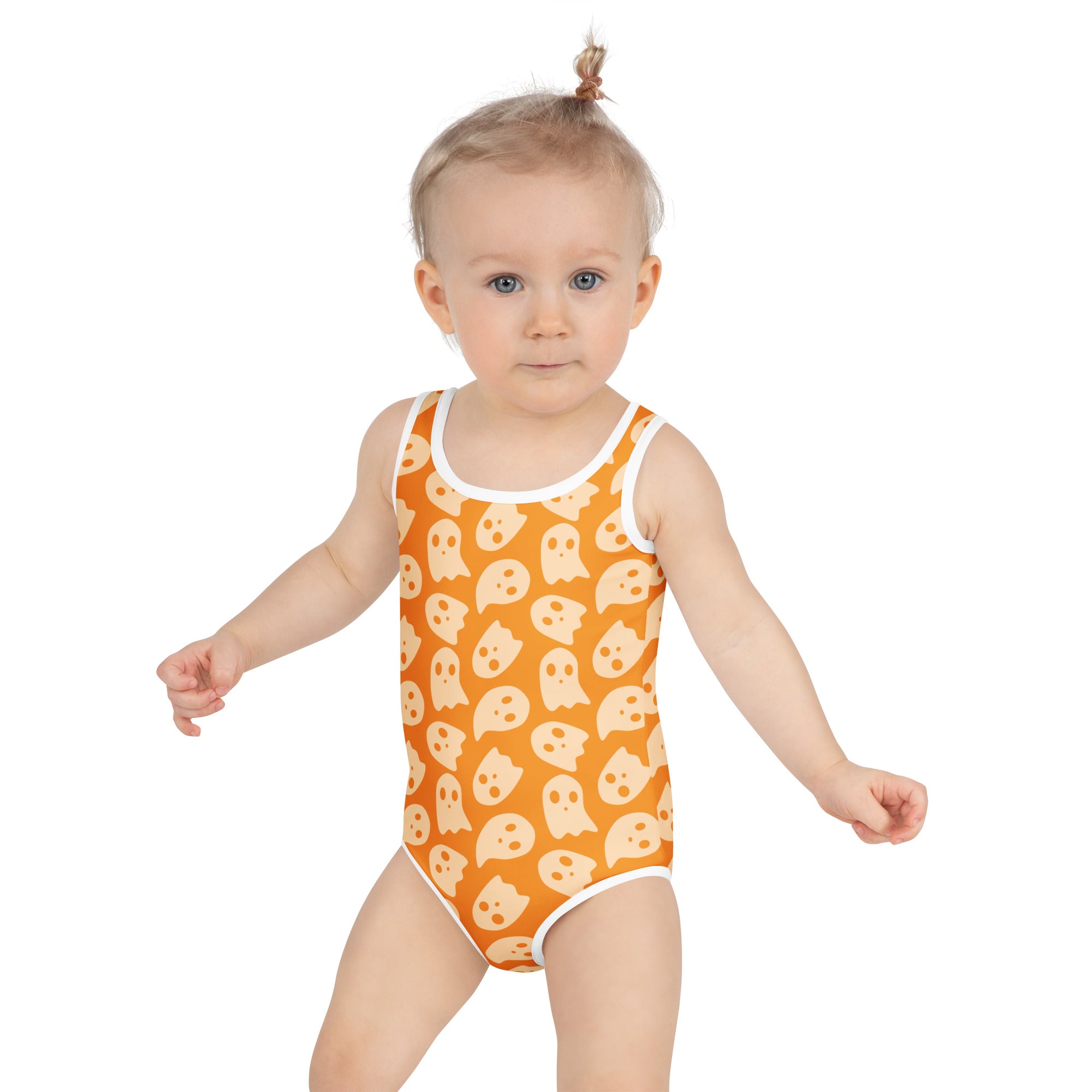 Girls Orange Ghost Halloween One Piece Swimsuit – Buttery Soft UPF 50+ Sun Protection, Quick Dry, Double Layered Front & 4-Way Stretch