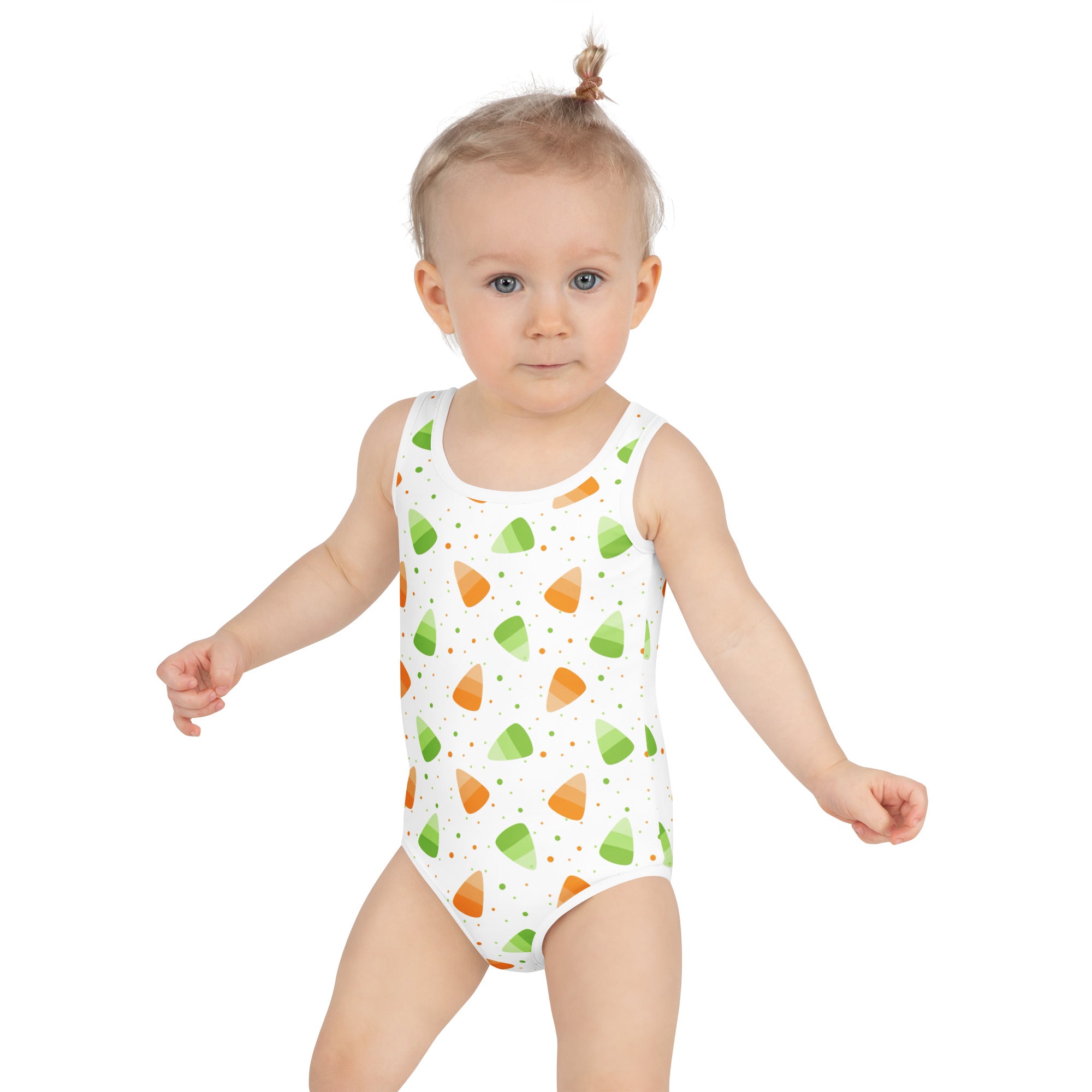Girls Orange & Green Candy Corn Halloween One Piece Swimsuit – Buttery Soft UPF 50+ Sun Protection, Quick Dry, Double Layered Front & 4-Way Stretch