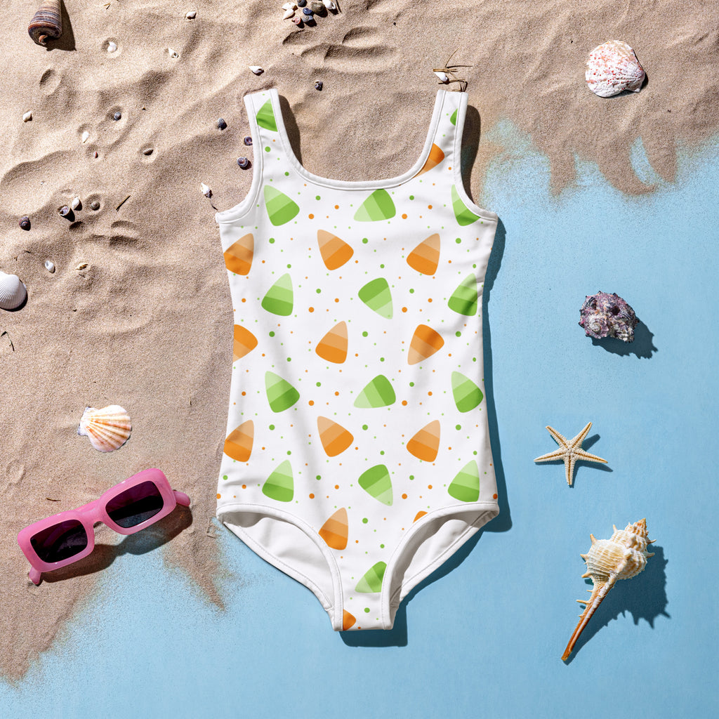 Girls Orange & Green Candy Corn Halloween One Piece Swimsuit – Buttery Soft UPF 50+ Sun Protection, Quick Dry, Double Layered Front & 4-Way Stretch