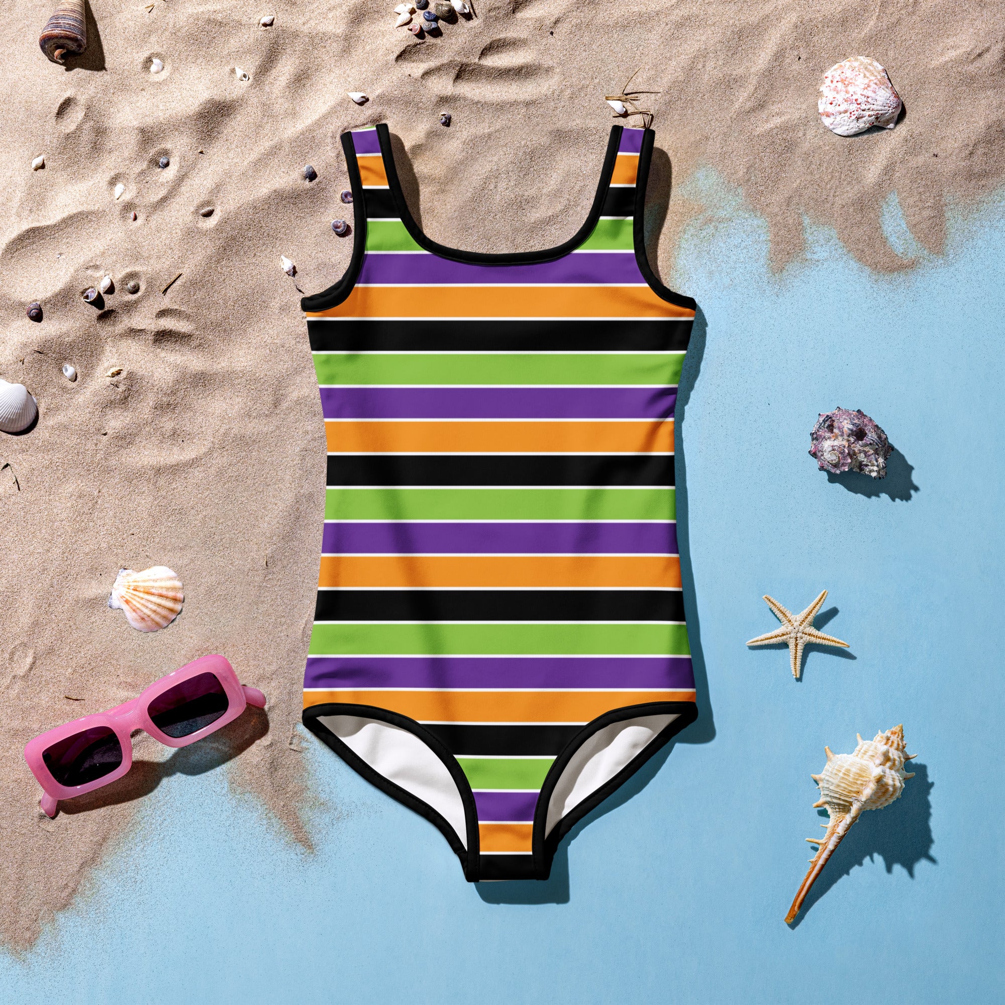 Girls Halloween Stripe One Piece Swimsuit – Buttery Soft UPF 50+ Sun Protection, Quick Dry, Double Layered Front & 4-Way Stretch