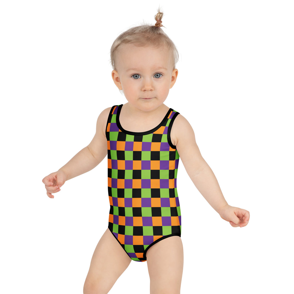 Girls Halloween Checkered One Piece Swimsuit – Buttery Soft UPF 50+ Sun Protection, Quick Dry, Double Layered Front & 4-Way Stretch