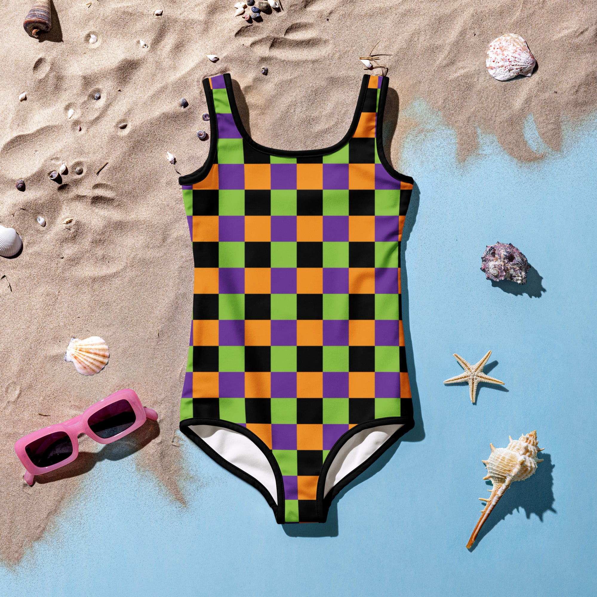 Girls Halloween Checkered One Piece Swimsuit – Buttery Soft UPF 50+ Sun Protection, Quick Dry, Double Layered Front & 4-Way Stretch