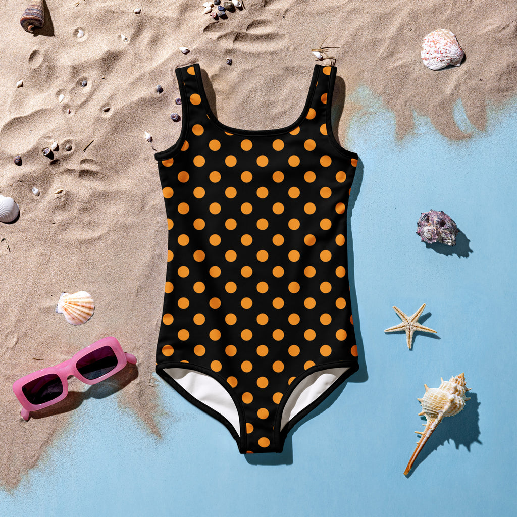 Girls Orange Polka Dot Halloween One Piece Swimsuit – Buttery Soft UPF 50+ Sun Protection, Quick Dry, Double Layered Front & 4-Way Stretch