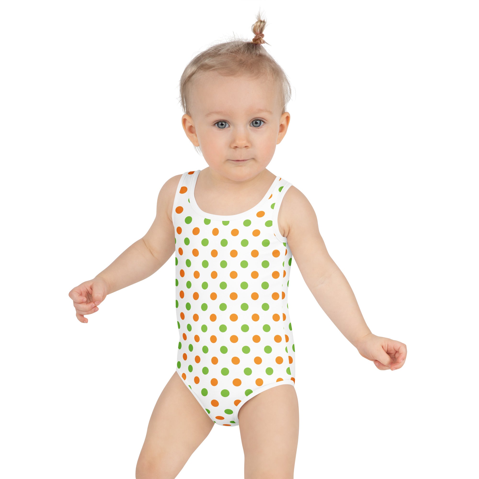 Girls Orange & Green Polka Dot Halloween One Piece Swimsuit – Buttery Soft UPF 50+ Sun Protection, Quick Dry, Double Layered Front & 4-Way Stretch