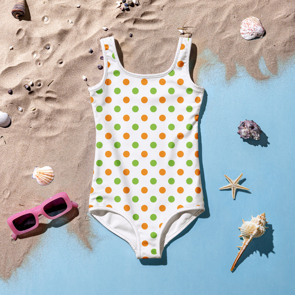 Girls Orange & Green Polka Dot Halloween One Piece Swimsuit – Buttery Soft UPF 50+ Sun Protection, Quick Dry, Double Layered Front & 4-Way Stretch