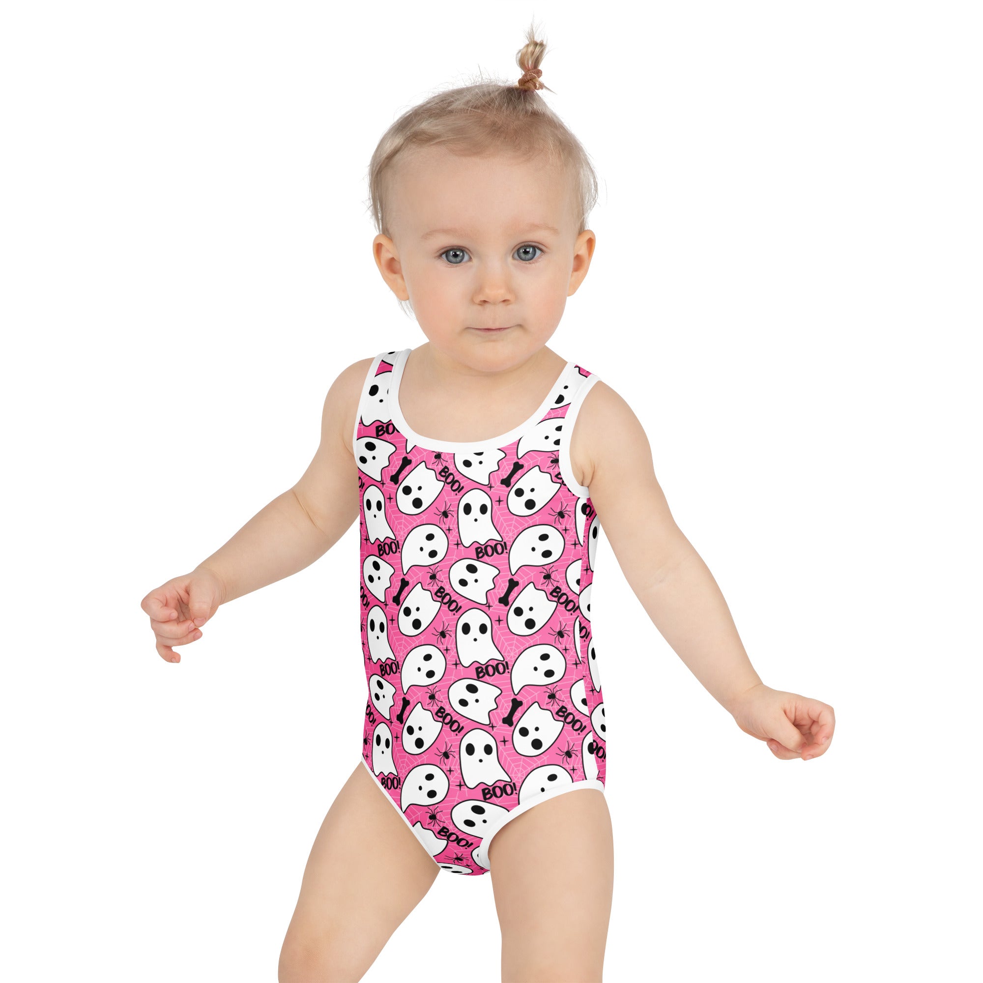 Girls Pink Ghost Halloween One Piece Swimsuit – Buttery Soft UPF 50+ Sun Protection, Quick Dry, Double Layered Front & 4-Way Stretch