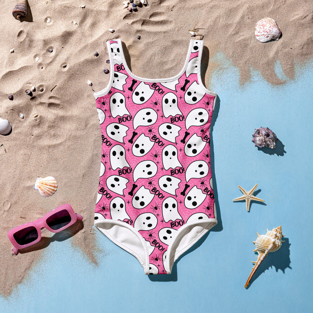 Girls Pink Ghost Halloween One Piece Swimsuit – Buttery Soft UPF 50+ Sun Protection, Quick Dry, Double Layered Front & 4-Way Stretch