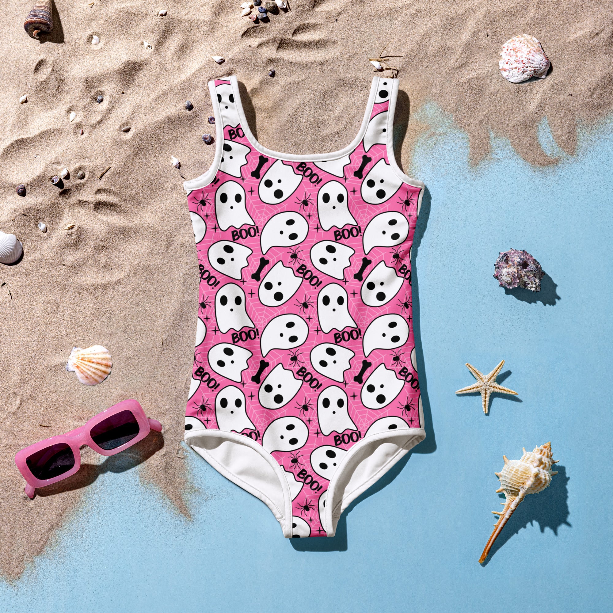 Girls Pink Ghost Halloween One Piece Swimsuit – Buttery Soft UPF 50+ Sun Protection, Quick Dry, Double Layered Front & 4-Way Stretch