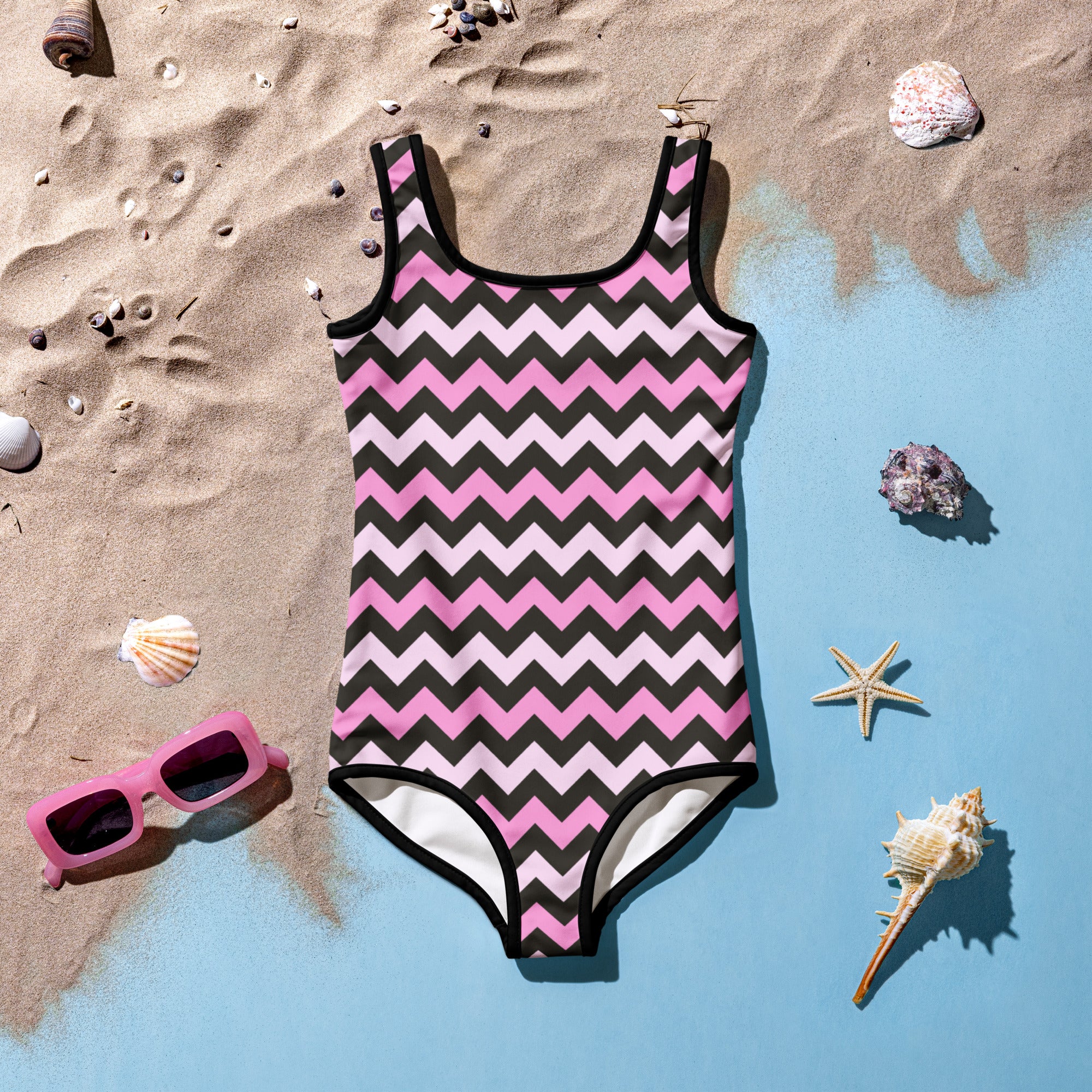Girls Pink Black Chevron One Piece Swimsuit – Buttery Soft UPF 50+ Sun Protection, Quick Dry, Double Layered Front & 4-Way Stretch