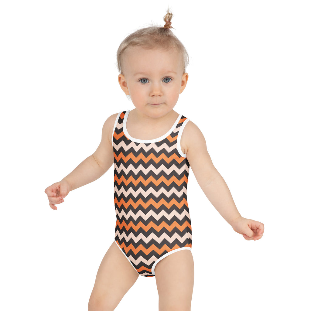 Girls Orange Black Chevron One Piece Swimsuit – Buttery Soft UPF 50+ Sun Protection, Quick Dry, Double Layered Front & 4-Way Stretch