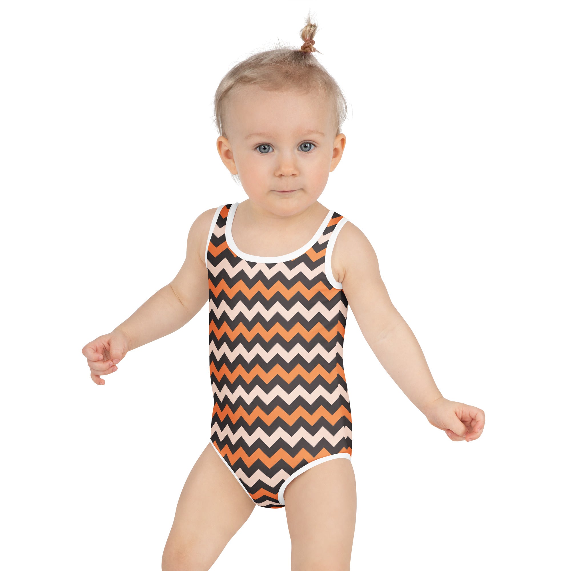 Girls Orange Black Chevron One Piece Swimsuit – Buttery Soft UPF 50+ Sun Protection, Quick Dry, Double Layered Front & 4-Way Stretch