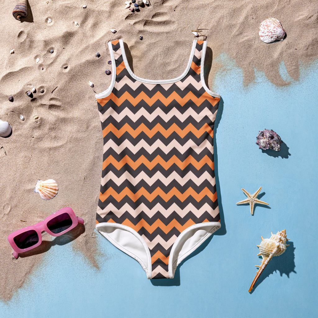Girls Orange Black Chevron One Piece Swimsuit – Buttery Soft UPF 50+ Sun Protection, Quick Dry, Double Layered Front & 4-Way Stretch
