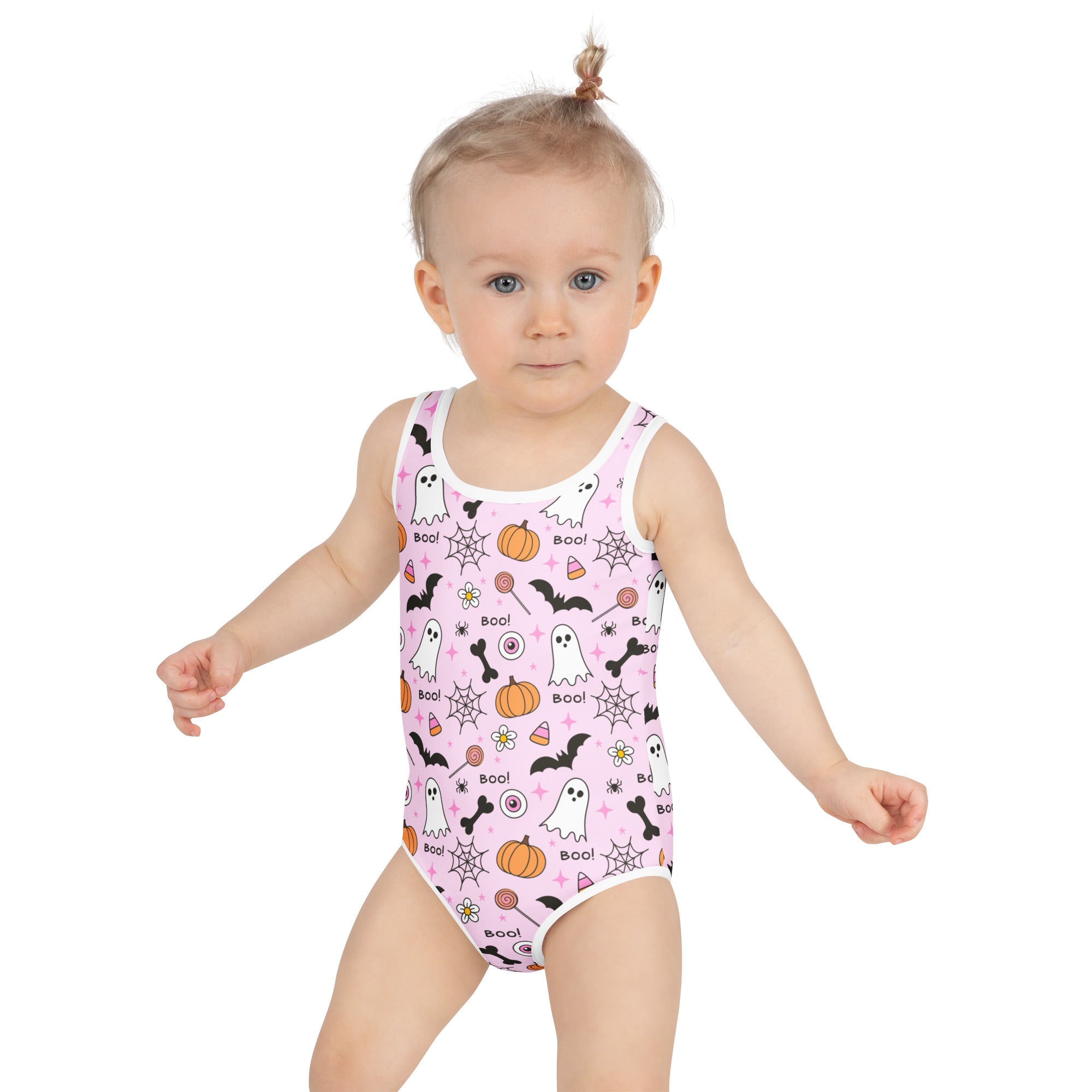 Girls Pink Cute Halloween One Piece Swimsuit – Buttery Soft UPF 50+ Sun Protection, Quick Dry, Double Layered Front & 4-Way Stretch