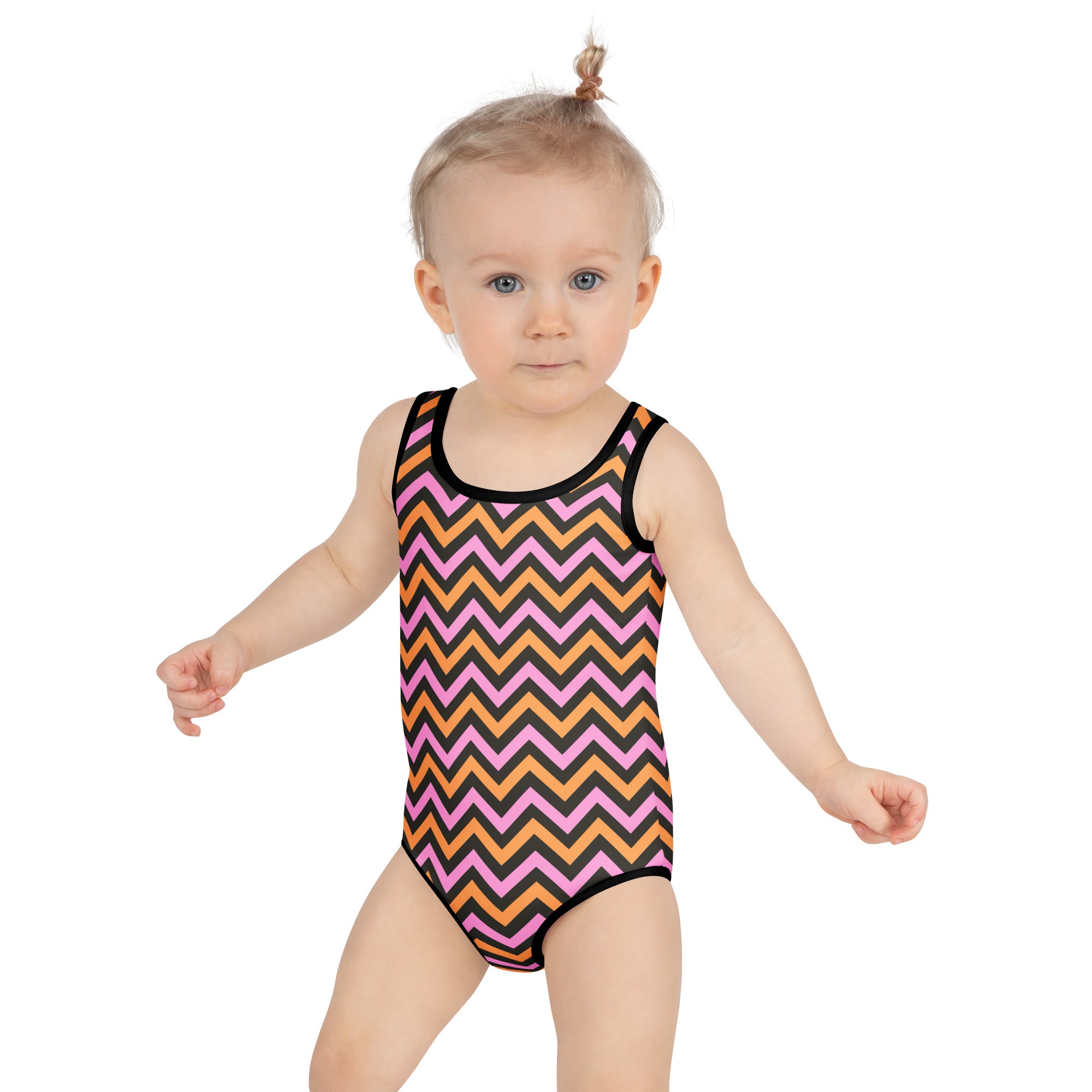 Girls Pink Orange Chevron Halloween One Piece Swimsuit – Buttery Soft UPF 50+ Sun Protection, Quick Dry, Double Layered Front & 4-Way Stretch