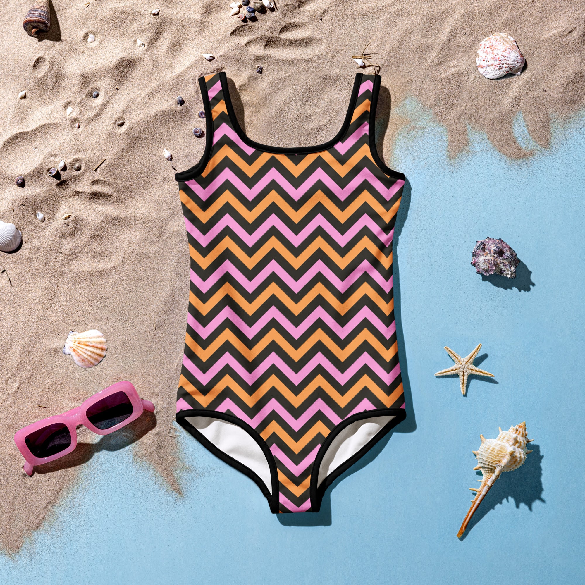 Girls Pink Orange Chevron Halloween One Piece Swimsuit – Buttery Soft UPF 50+ Sun Protection, Quick Dry, Double Layered Front & 4-Way Stretch