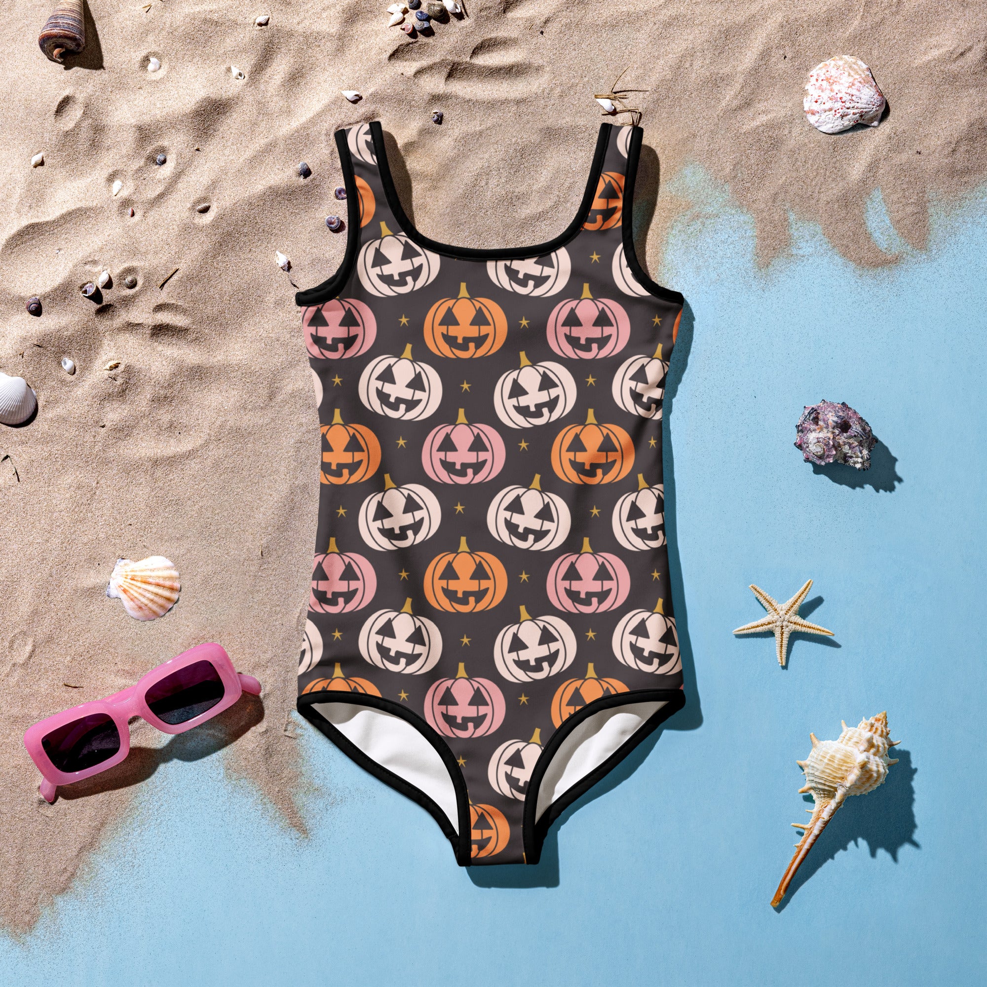 Girls Jack O Lantern Halloween One Piece Swimsuit – Buttery Soft UPF 50+ Sun Protection, Quick Dry, Double Layered Front & 4-Way Stretch