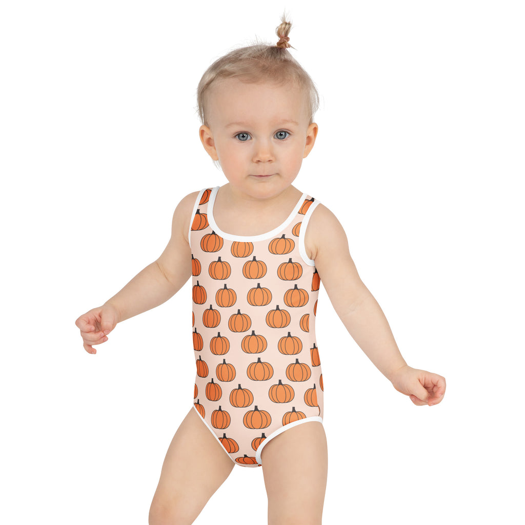 Girls Cute Orange Pumpkin One Piece Swimsuit – Buttery Soft UPF 50+ Sun Protection, Quick Dry, Double Layered Front & 4-Way Stretch